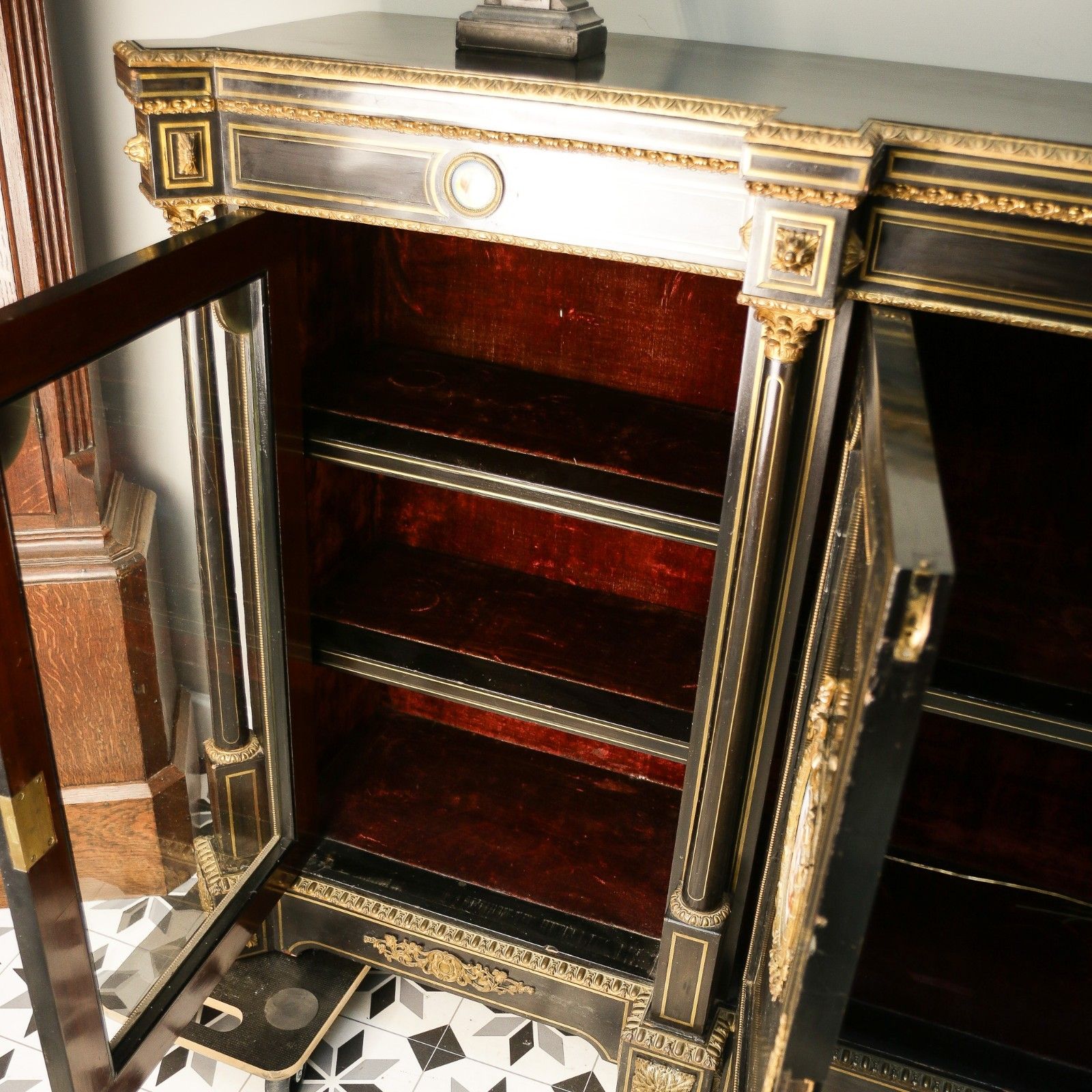 photo for sale Antique Ebonised And Gilt Brass Credenza 19th Century With Porcelain Plaques