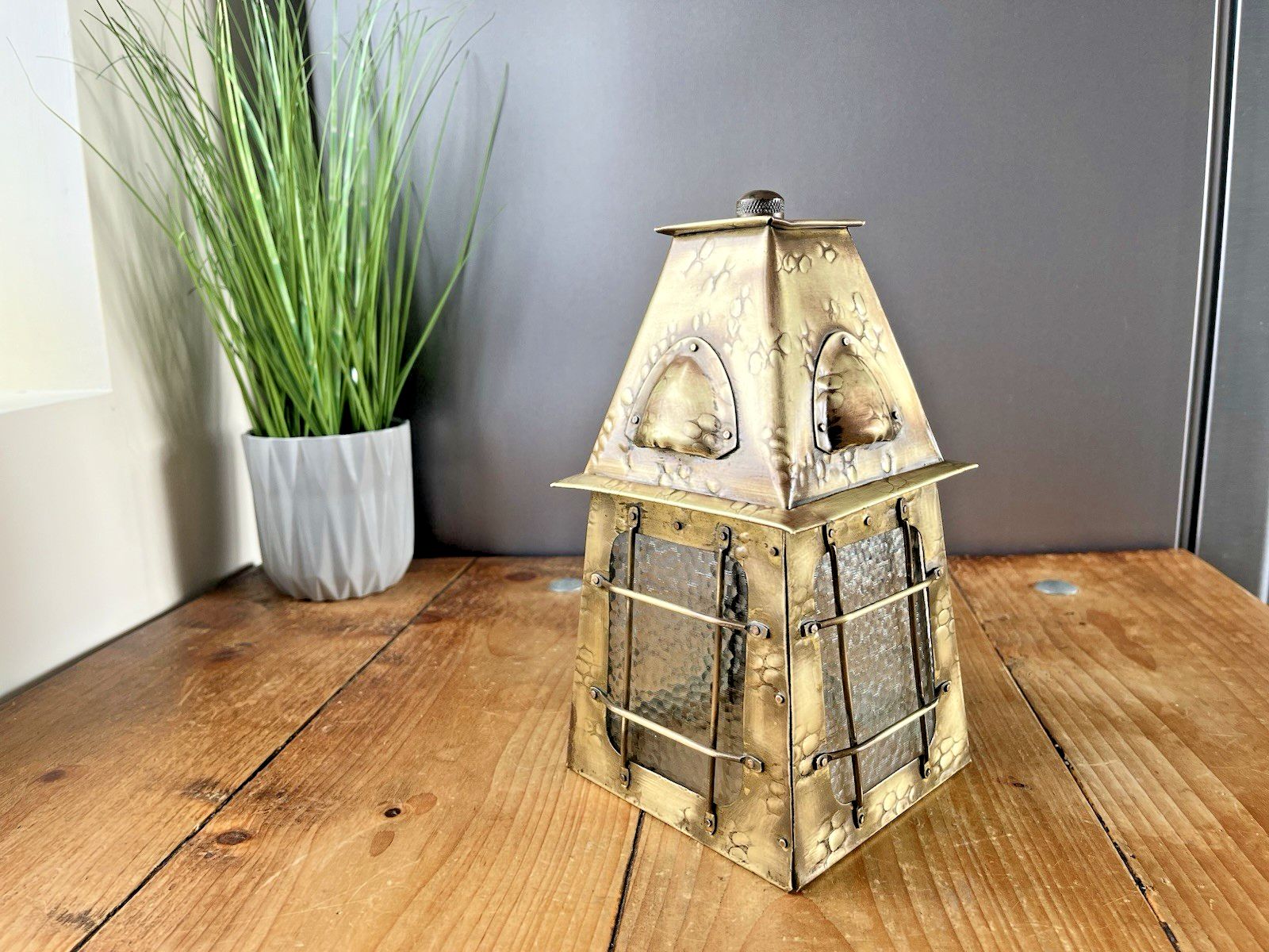 Antique Arts & Crafts Textured Brass & Glass Pendant Lantern Porch Lamp Light photo buy
