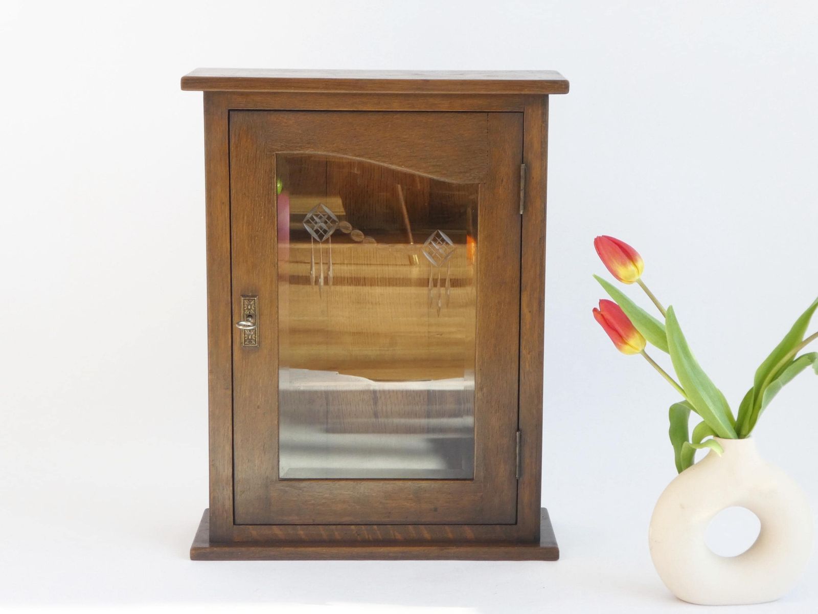 Antique Oak Cabinet With Beveled Glass Door, Art Deco Apothecary With Cut Floral Glass, Medicine Chest With Lock photo furniture