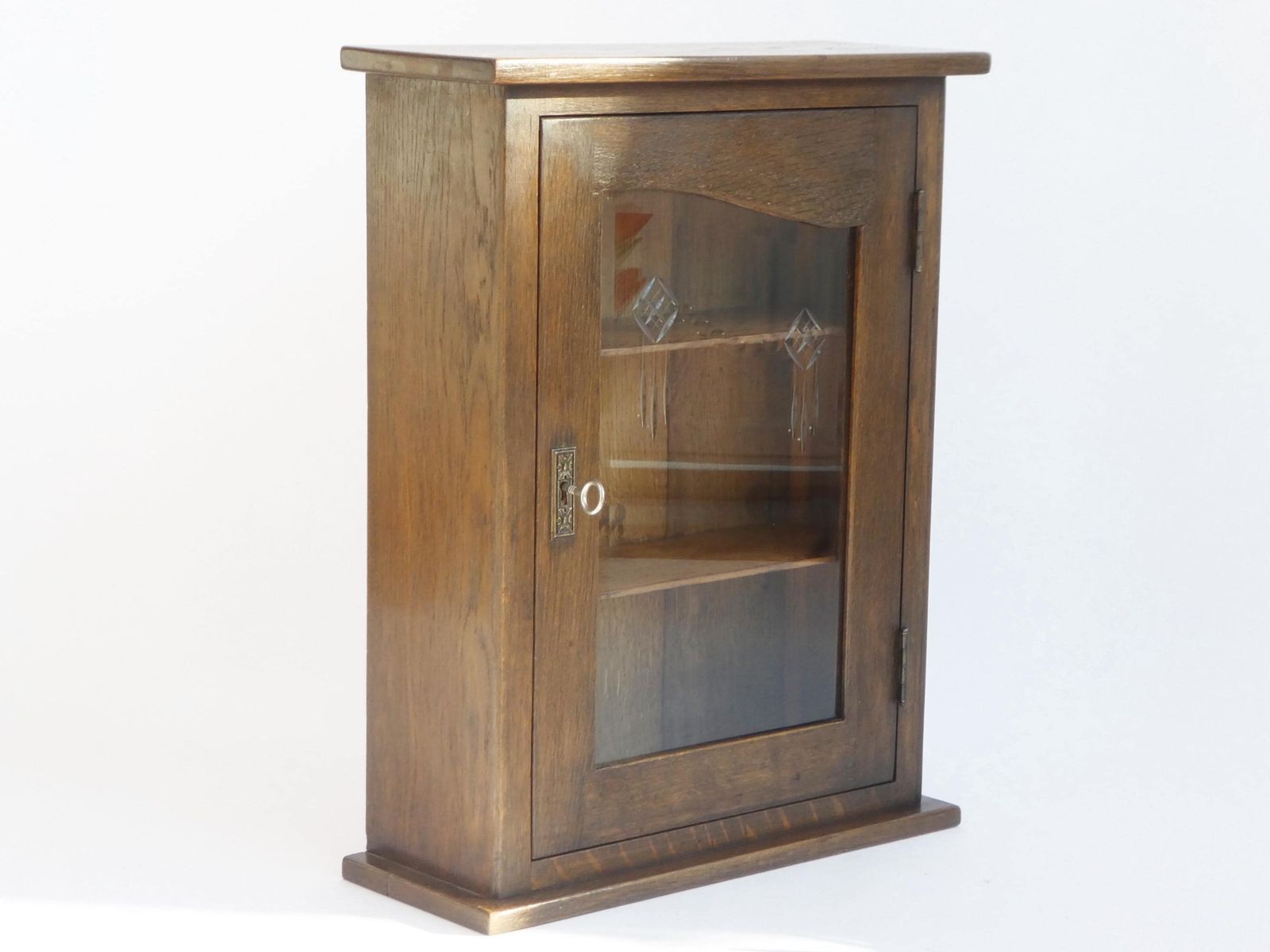 Antique Oak Cabinet With Beveled Glass Door, Art Deco Apothecary With Cut Floral Glass, Medicine Chest With Lock photo vinterior