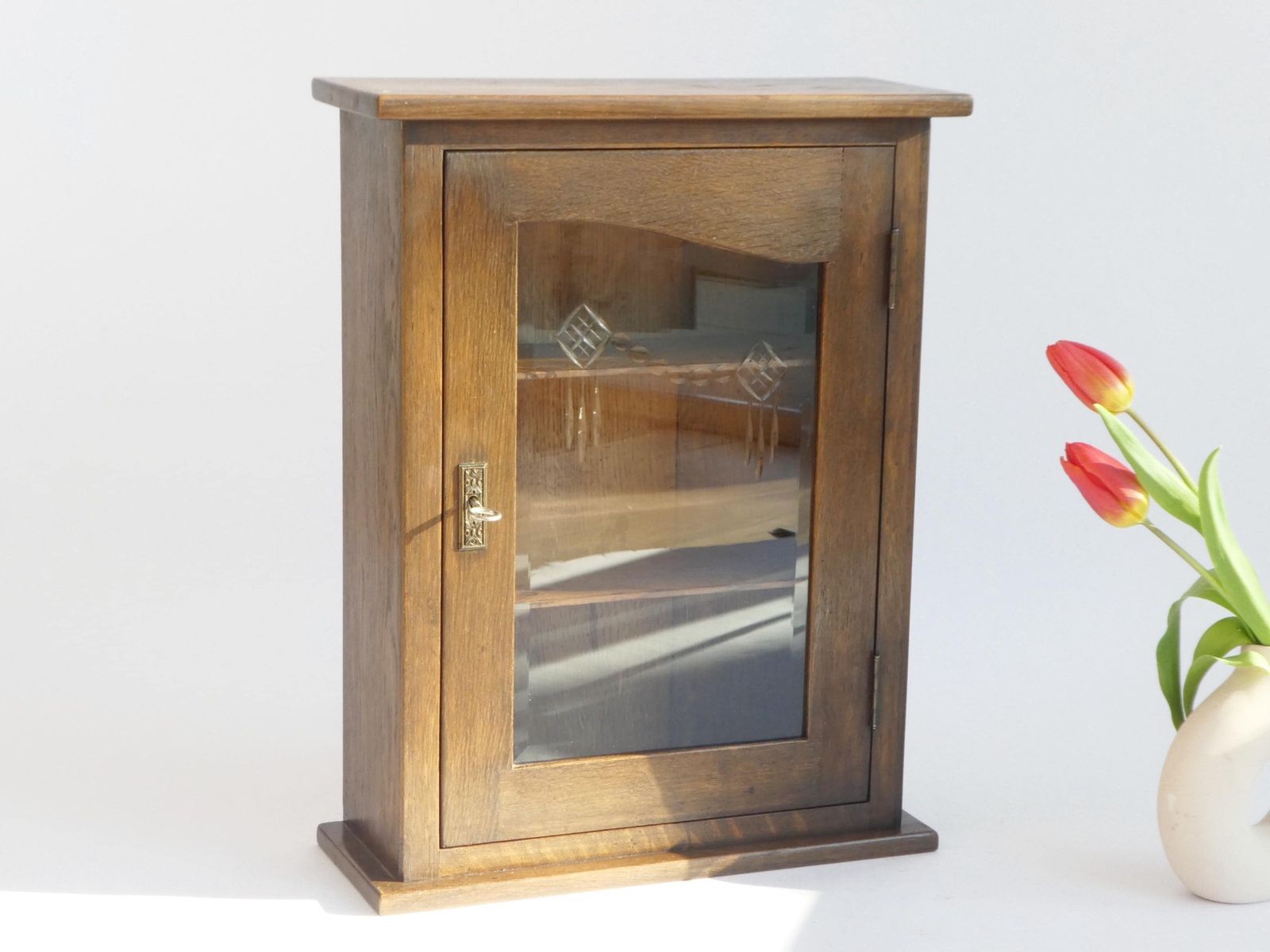 Antique Oak Cabinet With Beveled Glass Door, Art Deco Apothecary With Cut Floral Glass, Medicine Chest With Lock photo buy