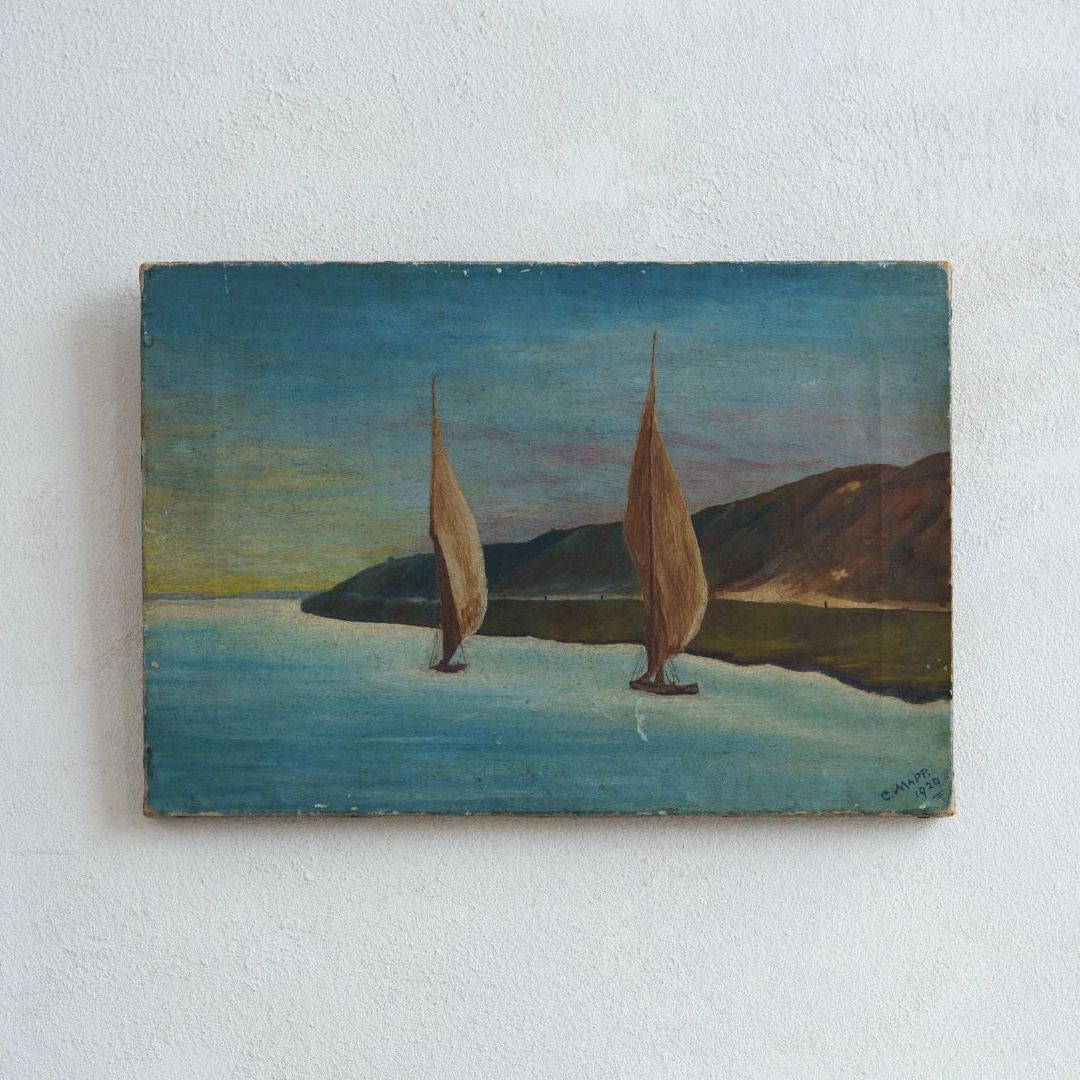1920 Modernist Painting Of A Nautical Scene: Signed Original Surrealist Style photo for sale