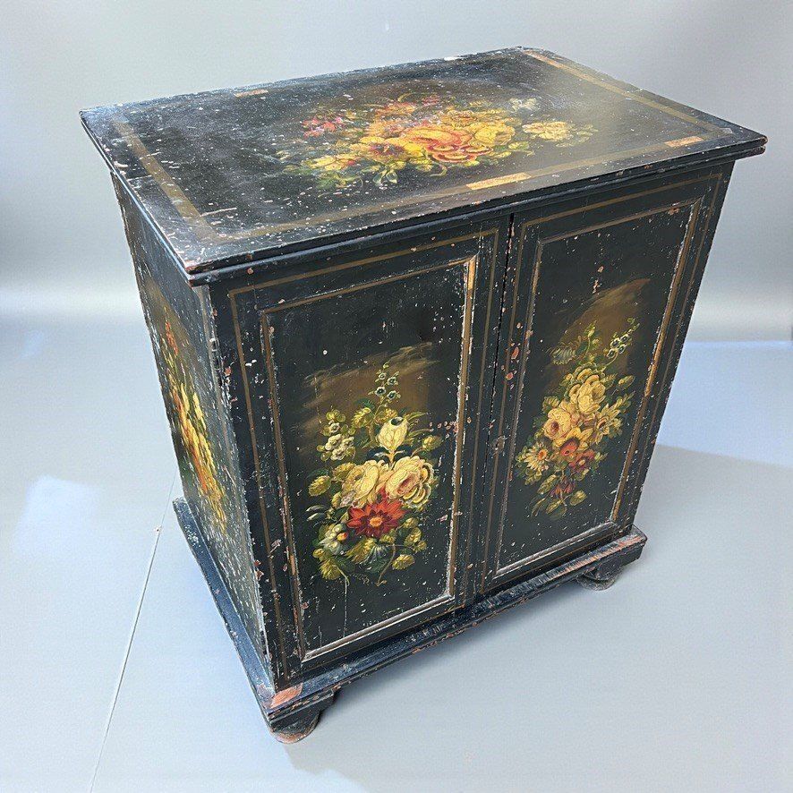 Victorian Black Ebonised Pine Cabinet With Hand‑Painted Floral Decoration photo buy
