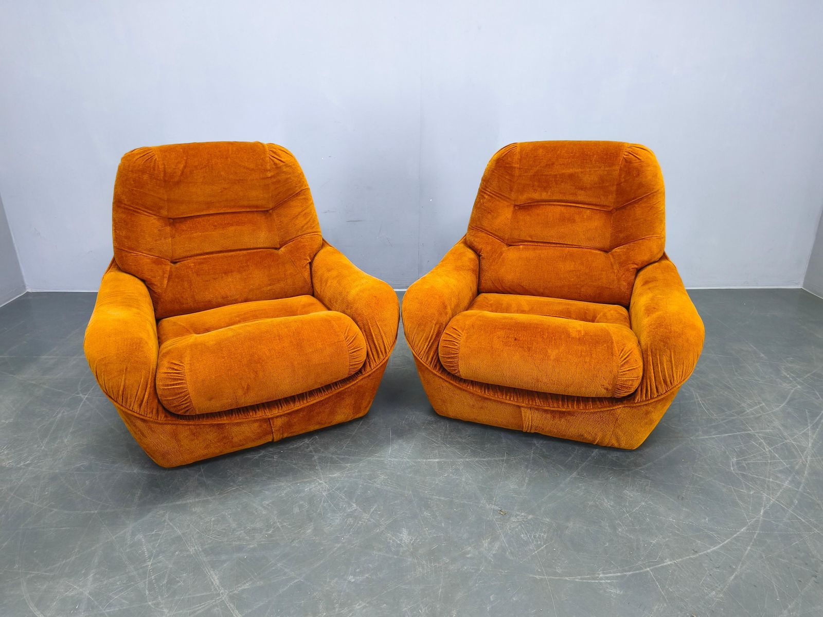Pair Of Italian Space Age Lounge Chairs, Orange Upholstery, 1970s photo furniture
