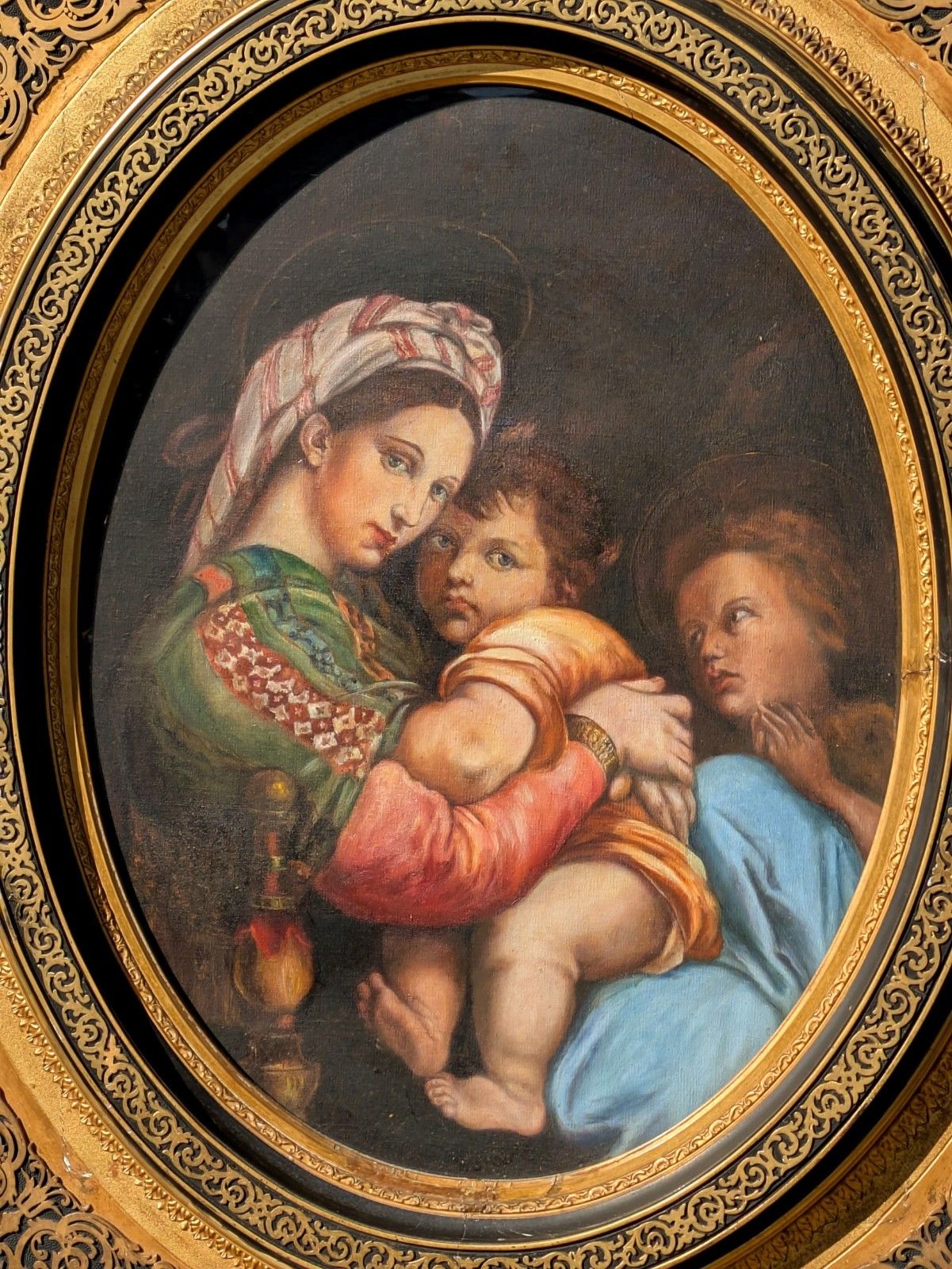 Large Oil Painting Madonna & Child After Raphael photo furniture