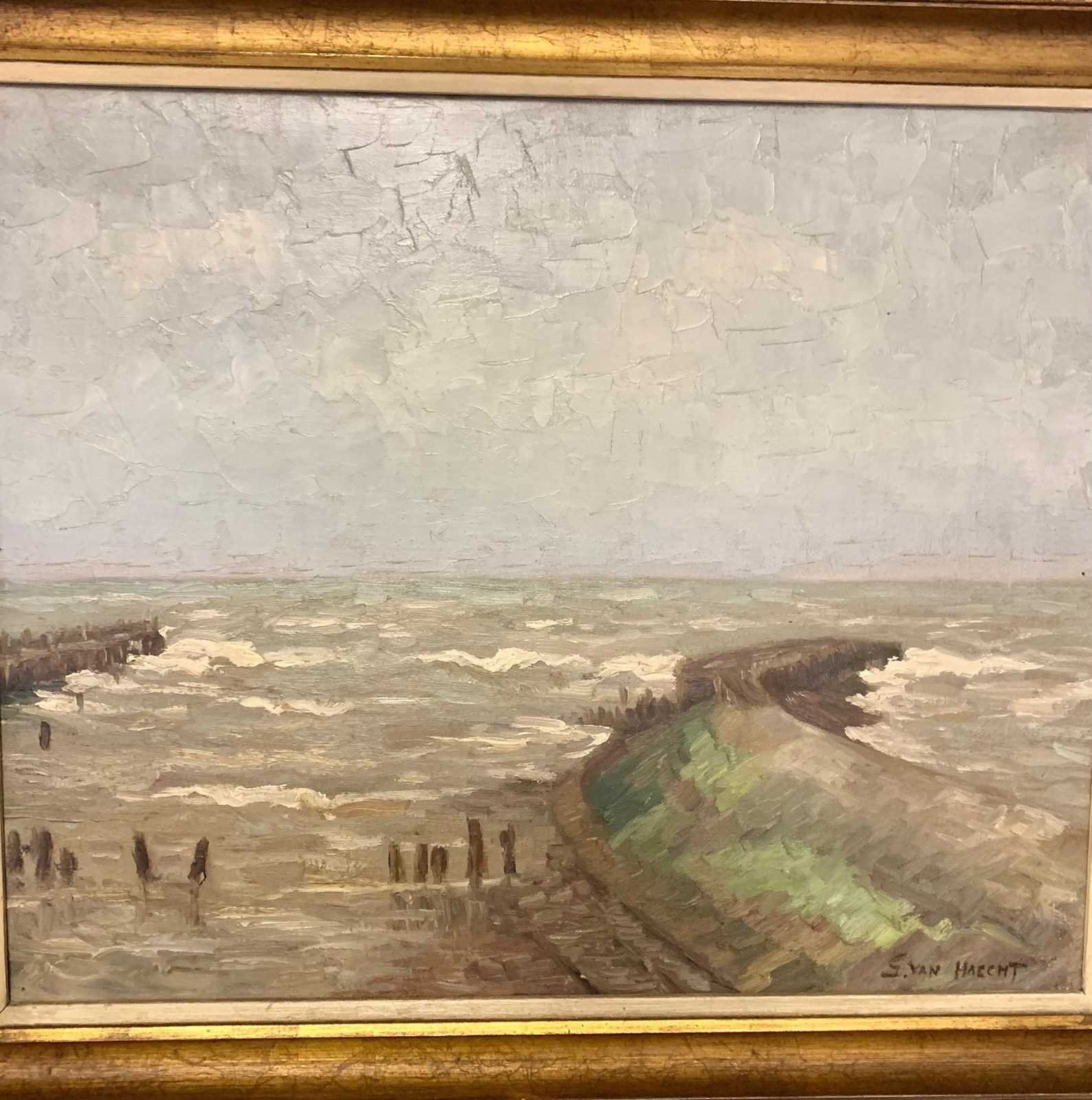 Signed Oil Painting Of Coastal Beach Seascape In Gilt Frame photo buy
