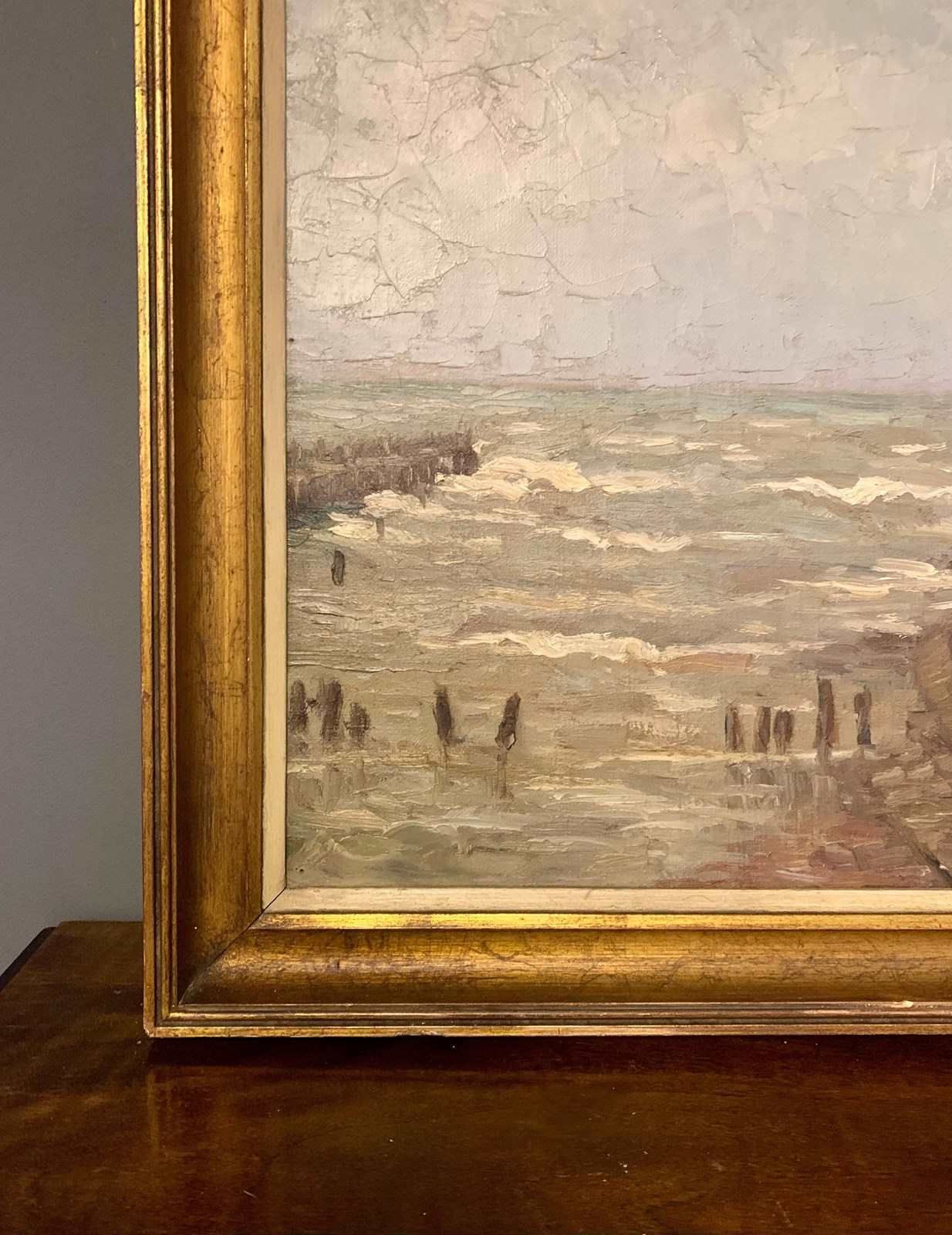 Signed Oil Painting Of Coastal Beach Seascape In Gilt Frame photo vintage