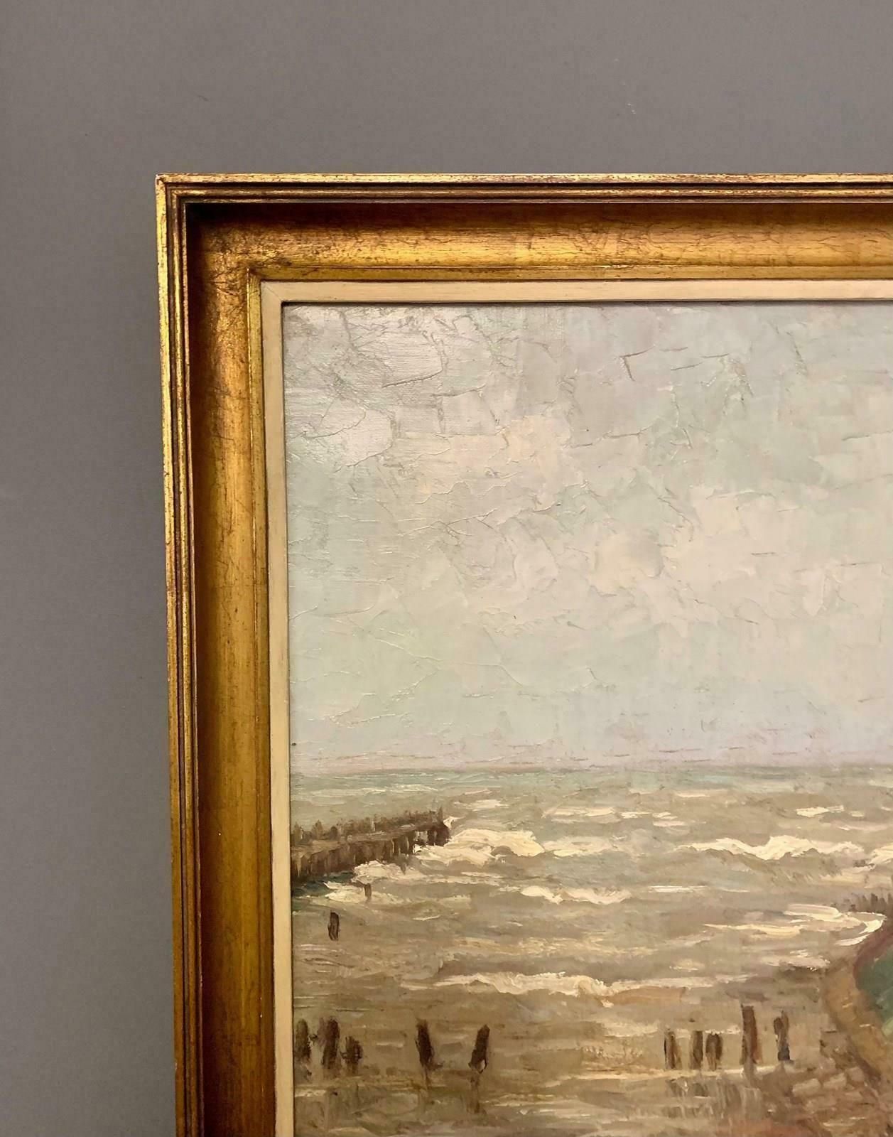 photo furniture Signed Oil Painting Of Coastal Beach Seascape In Gilt Frame