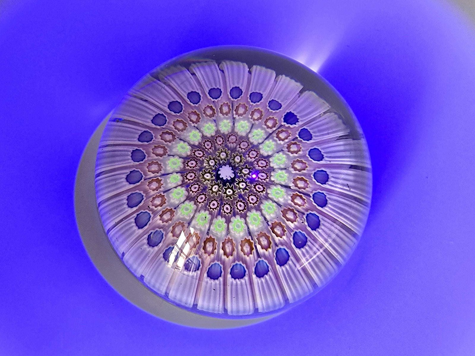 Antique Millefiori English Footed Paperweight C. 1910, Rare With Uranium Glass Canes