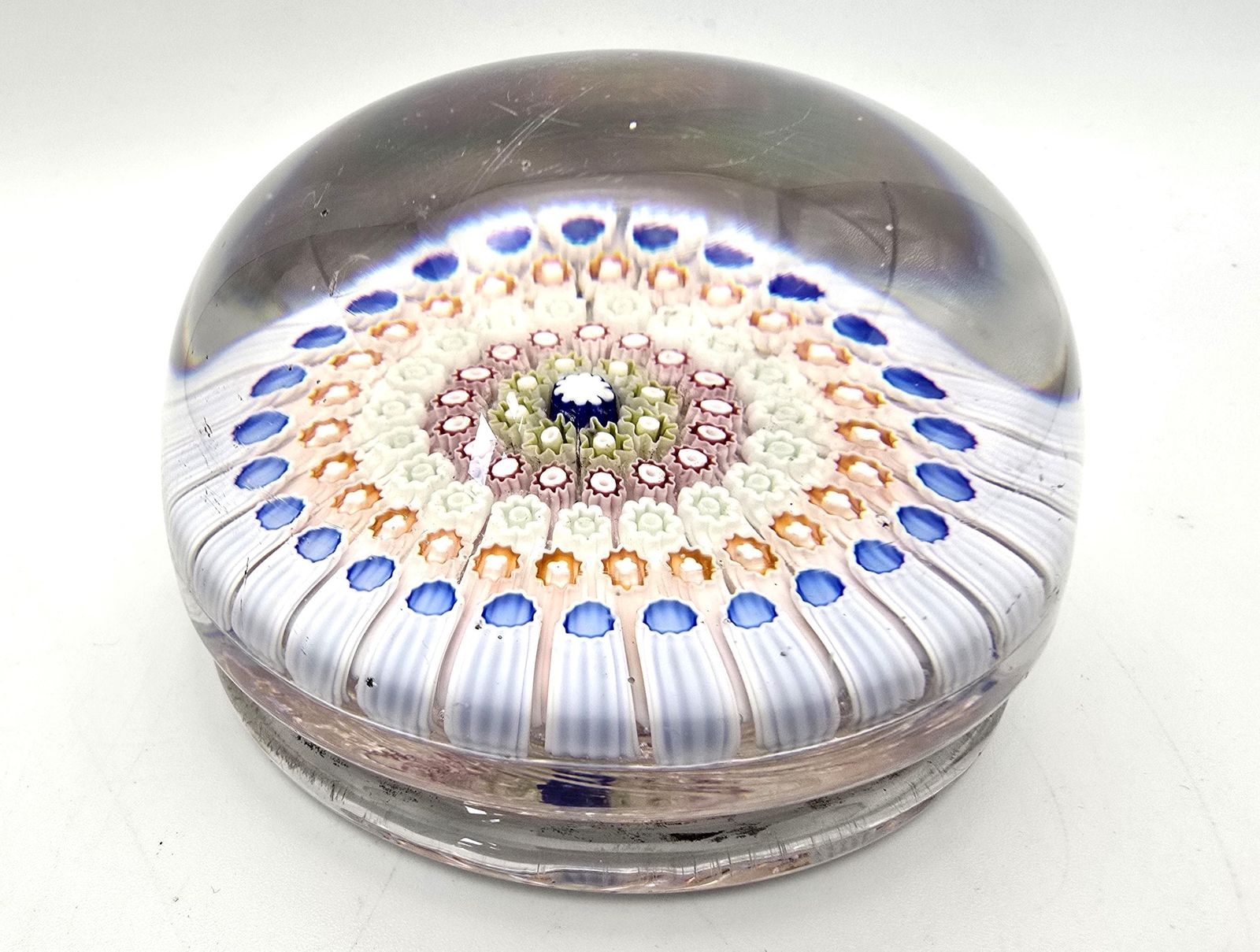 Antique Millefiori English Footed Paperweight C. 1910, Rare With Uranium Glass Canes photo for sale