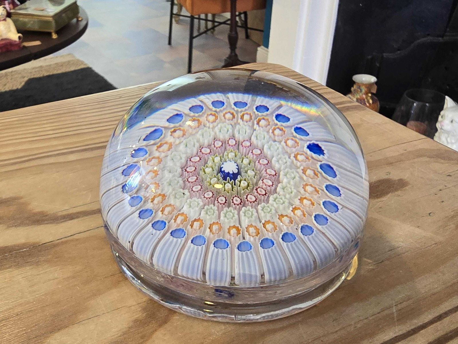 135.0 Antique Millefiori English Footed Paperweight C. 1910, Rare With Uranium Glass Canes photo