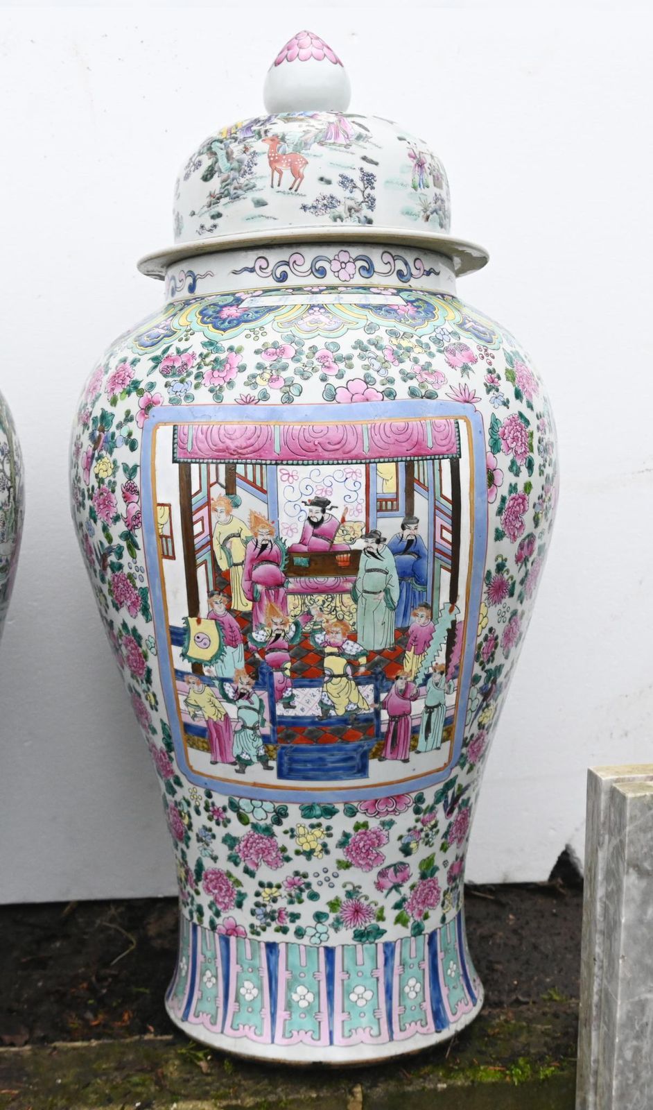 Pair Chinese Famille Rose Urns Canton Lidded Vases 4ft 114 Cm photo furniture
