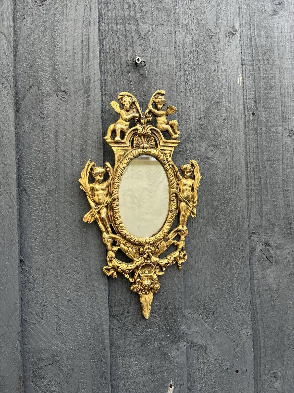 Superb Antique 19th C French Rococo Gilt Brass Oval Wall Mirror Cherubs Angels photo for sale