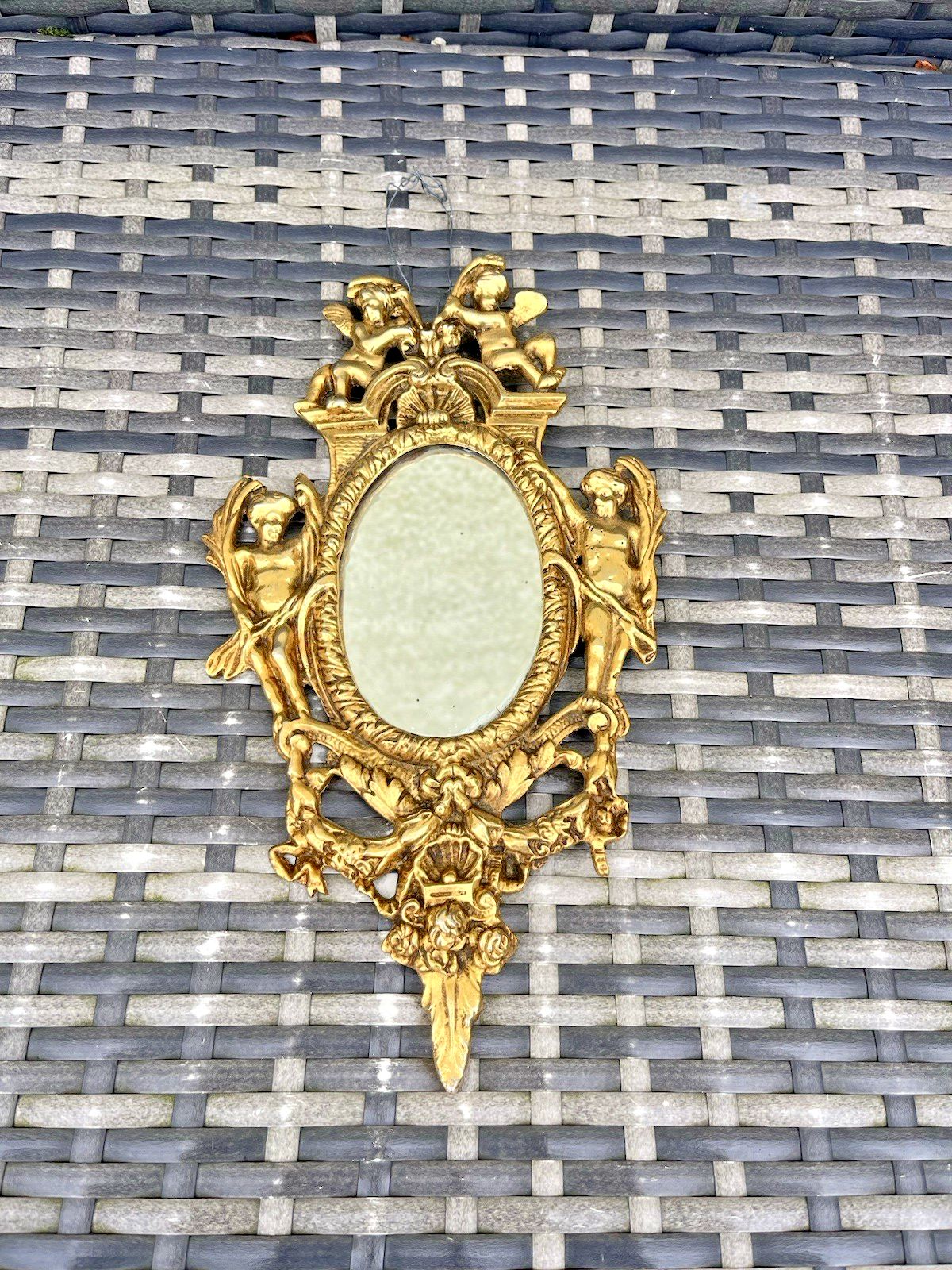 Superb Antique 19th C French Rococo Gilt Brass Oval Wall Mirror Cherubs Angels photo buy