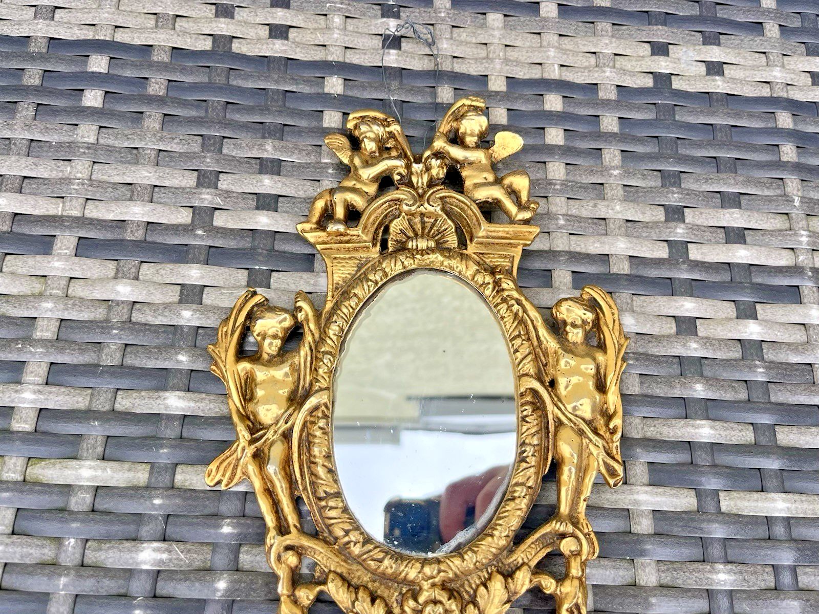 Superb Antique 19th C French Rococo Gilt Brass Oval Wall Mirror Cherubs Angels photo vintage