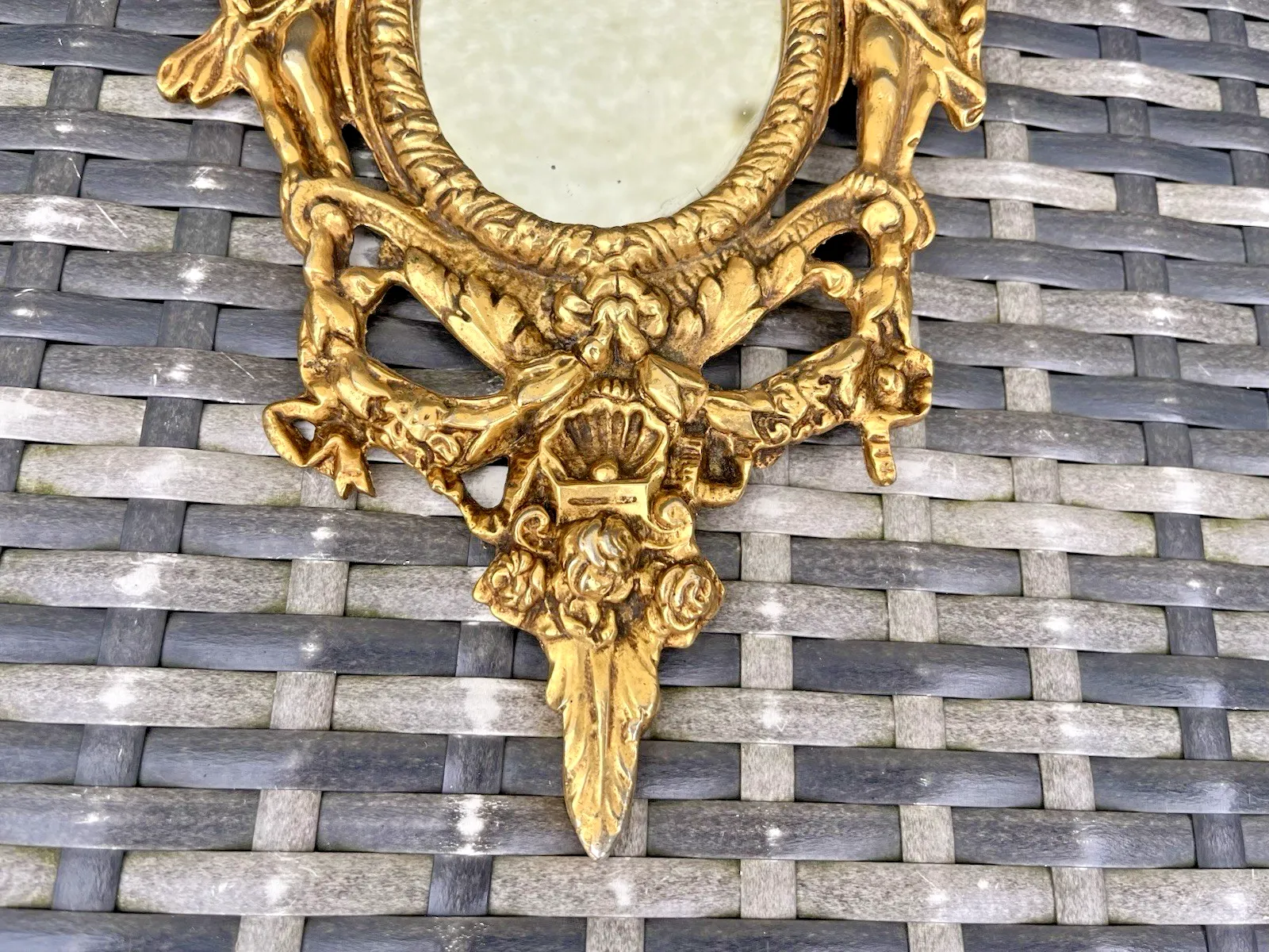 photo furniture Superb Antique 19th C French Rococo Gilt Brass Oval Wall Mirror Cherubs Angels