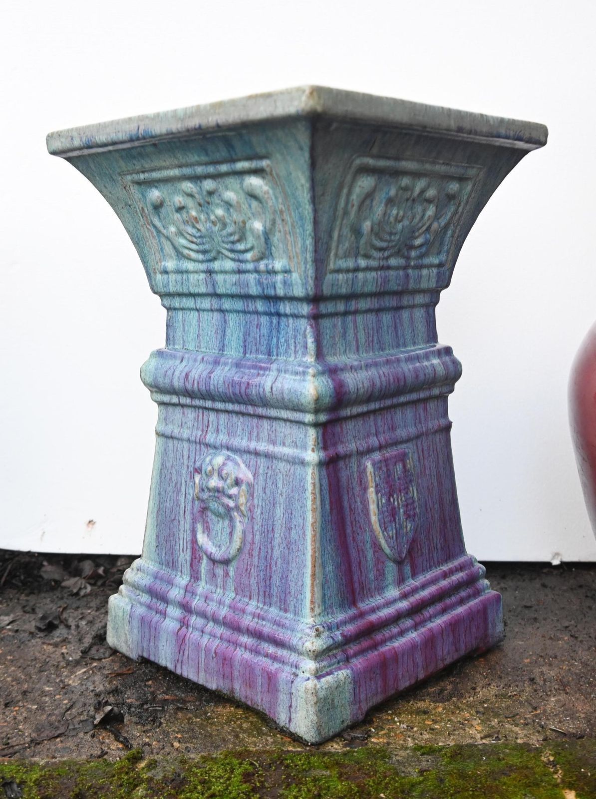 Pair Italian Deruta Garden Pedestals Glazed Ceramic Stands Lion Masks photo 995.0