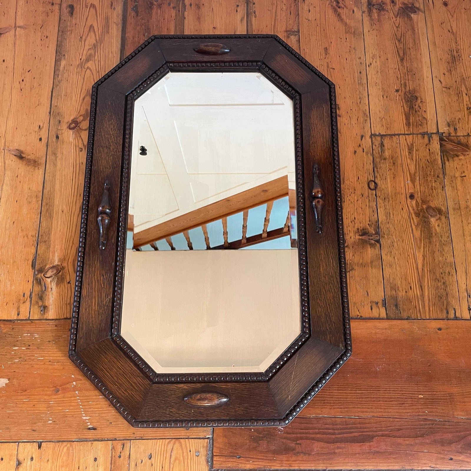 1930's Antique Oak Bevelled Wall Mirror Octagonal Frame Wood English Arts And Crafts Decorative Mouldings Vintage Early 20th Century Wooden photo vinterior