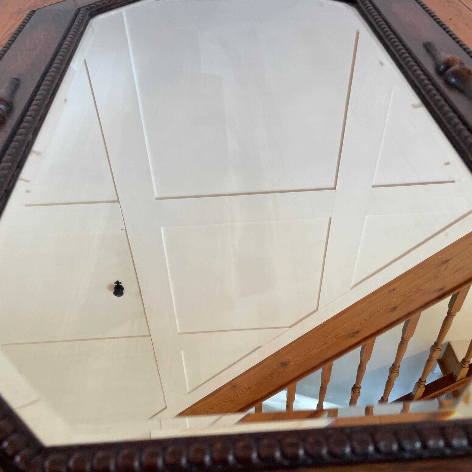 1930's Antique Oak Bevelled Wall Mirror Octagonal Frame Wood English Arts And Crafts Decorative Mouldings Vintage Early 20th Century Wooden photo vintage