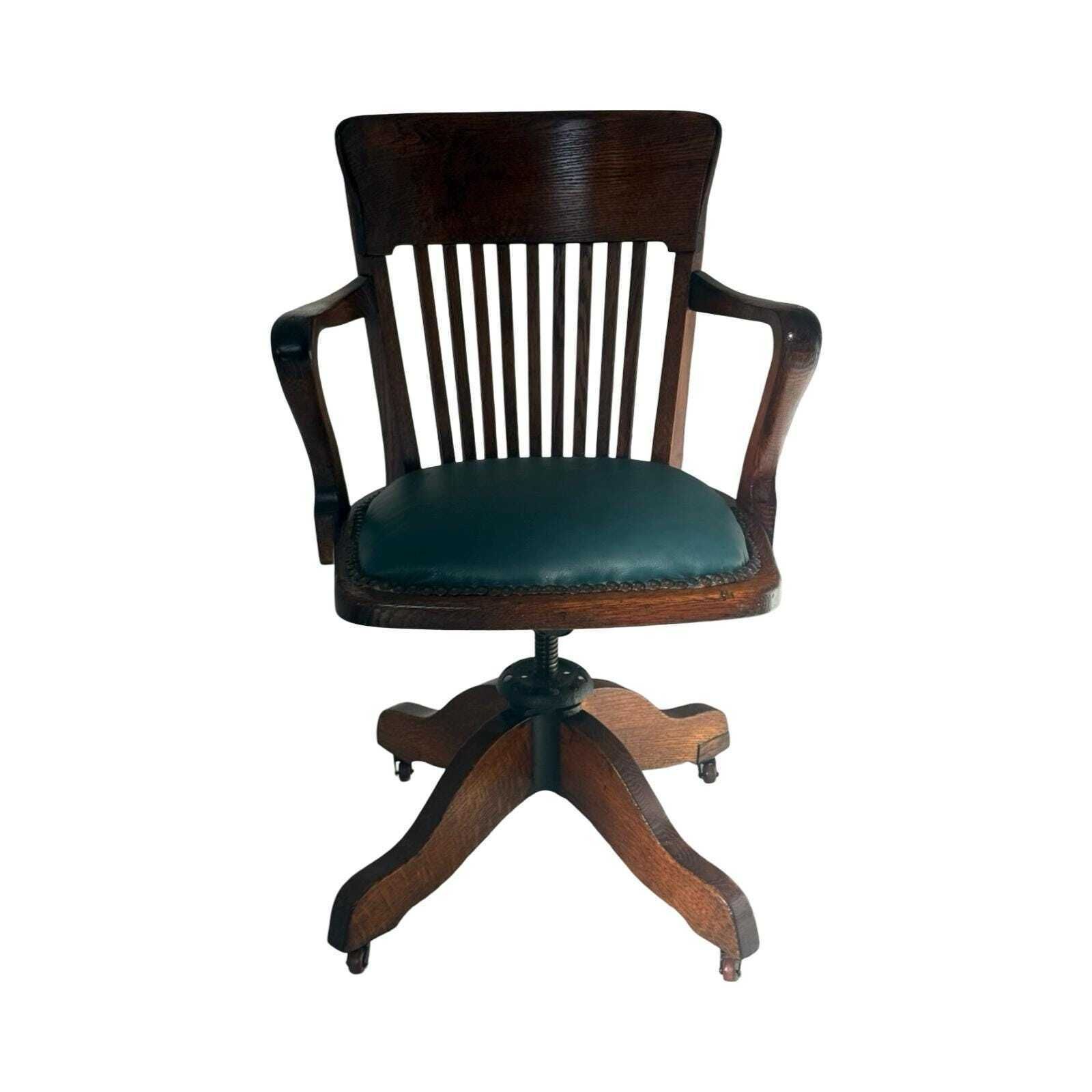 Bent Wood Captains Chair   Mounted On A Swiveling Base   Green Seat, Cast Iron Base