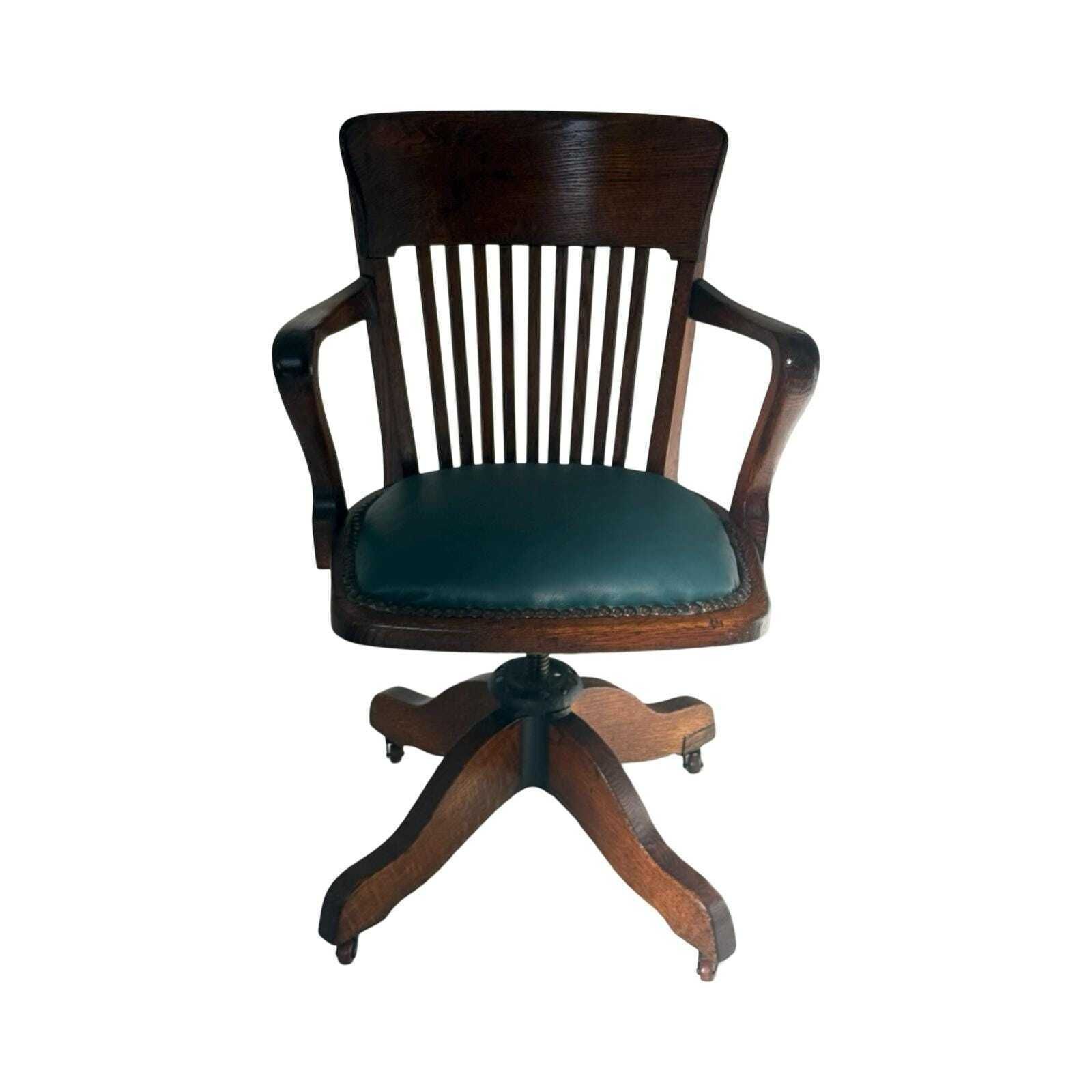 Bent Wood Captains Chair   Mounted On A Swiveling Base   Green Seat, Cast Iron Base photo for sale