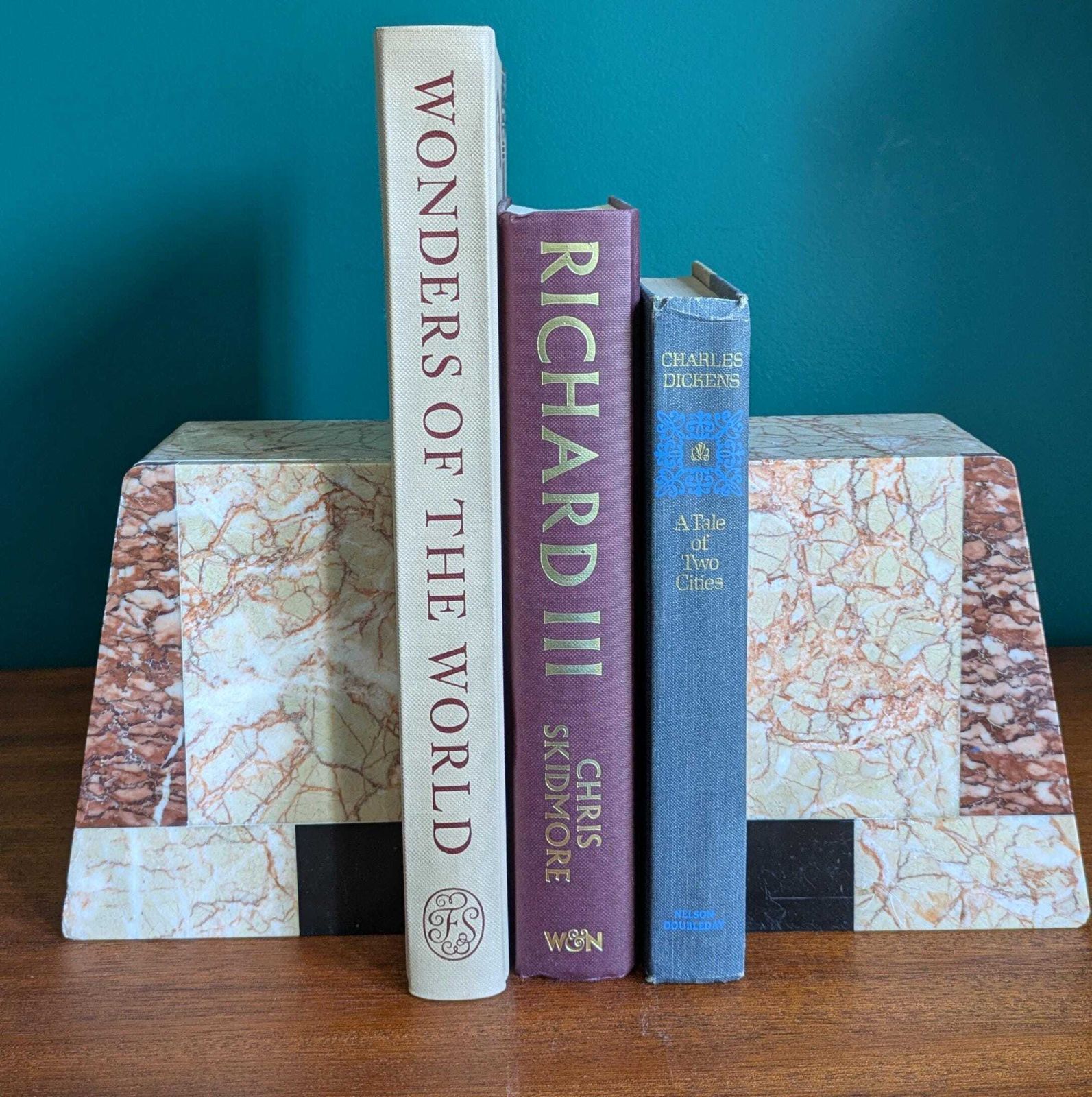 Vintage Art Deco Marble Bookends – Geometric Stone Book Holders, 1930s Style Shelf Decor, Neutral Tones Office Accent photo Home Decor