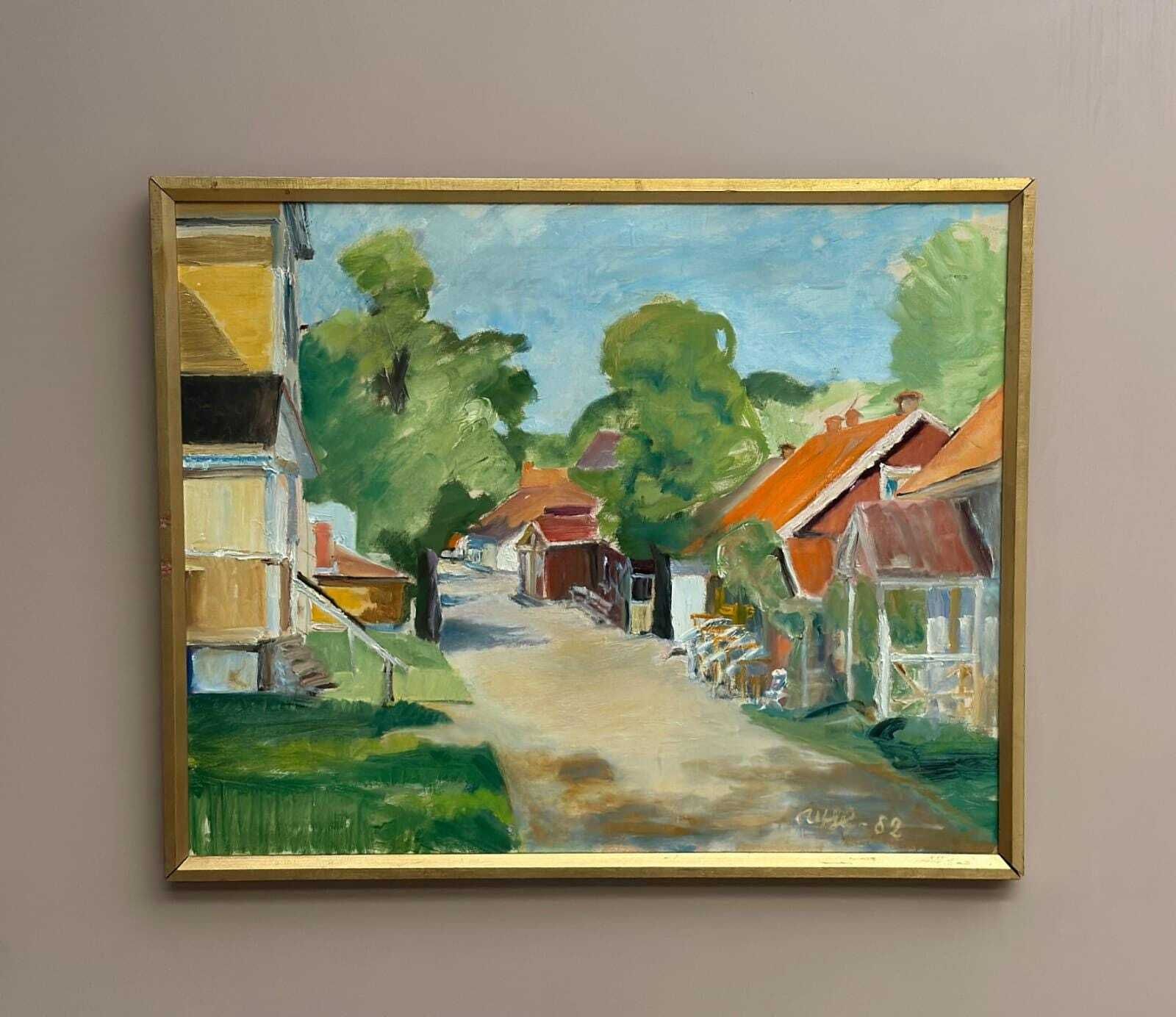 Original Swedish Oil On Canvas – Street With Houses And Trees By Ulfe – Dated 1982 – Vintage & Framed 65 × 75 Cm (25.6" × 29.5") photo for sale