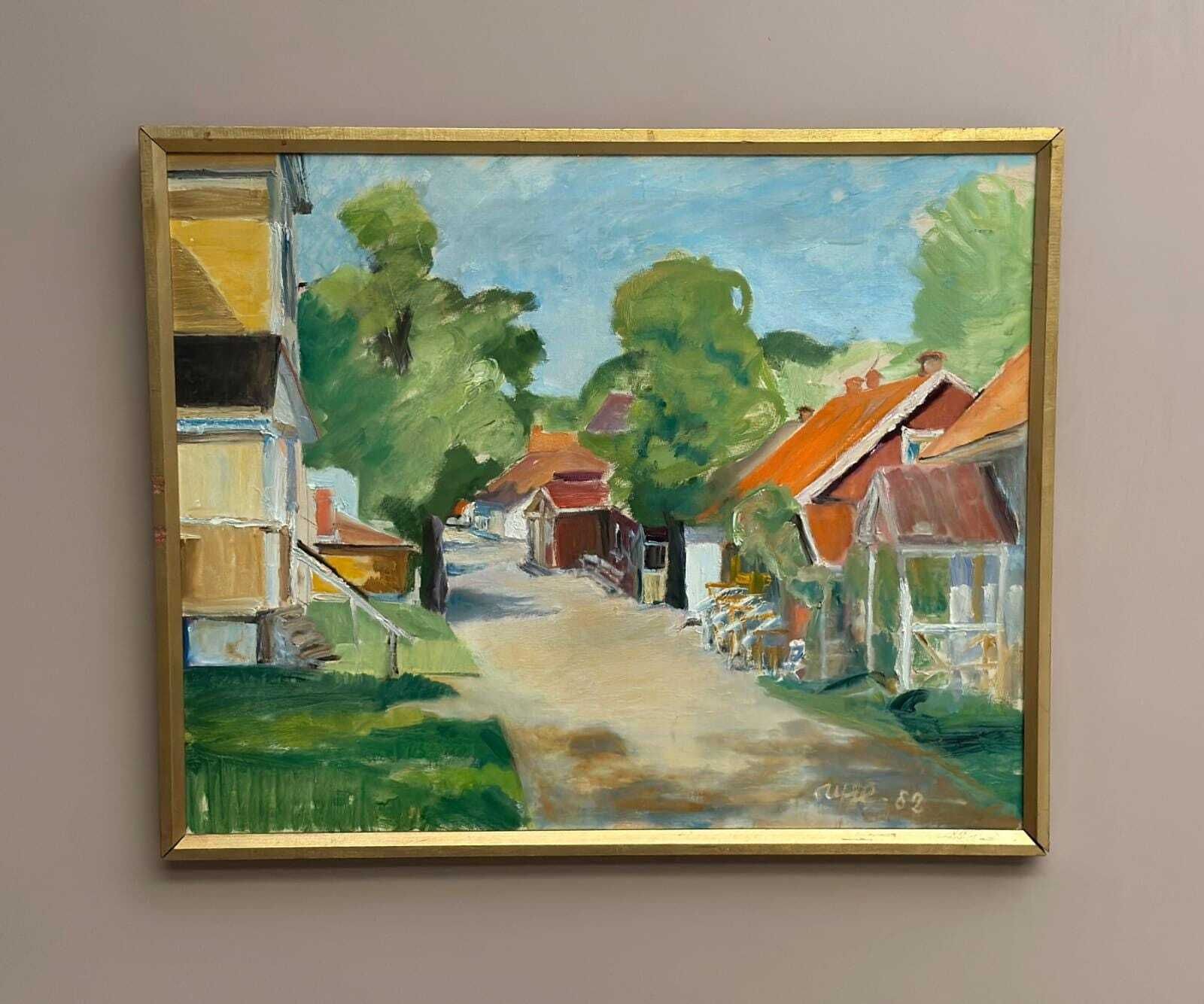 Original Swedish Oil On Canvas – Street With Houses And Trees By Ulfe – Dated 1982 – Vintage & Framed 65 × 75 Cm (25.6" × 29.5") photo 505.0