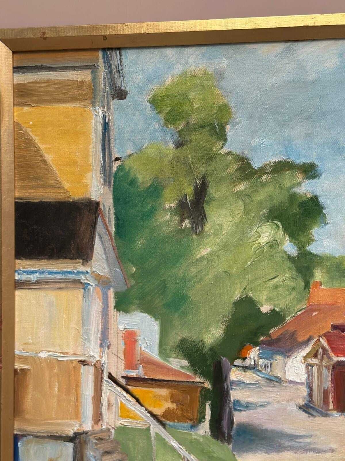 photo buy Original Swedish Oil On Canvas – Street With Houses And Trees By Ulfe – Dated 1982 – Vintage & Framed 65 × 75 Cm (25.6" × 29.5")