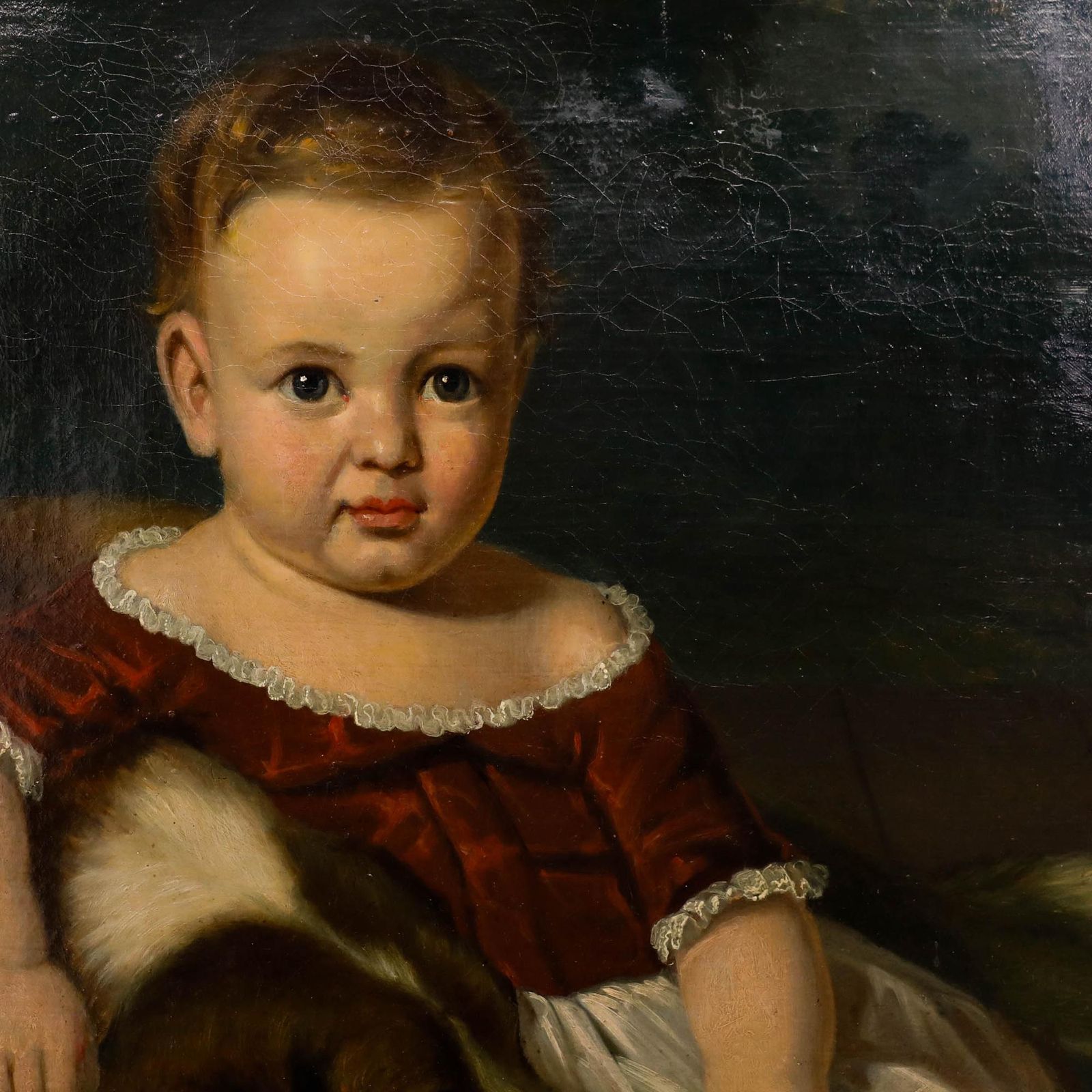 American School 19th Century Oil Portrait Of A Child With A Saint Bernard photo for sale