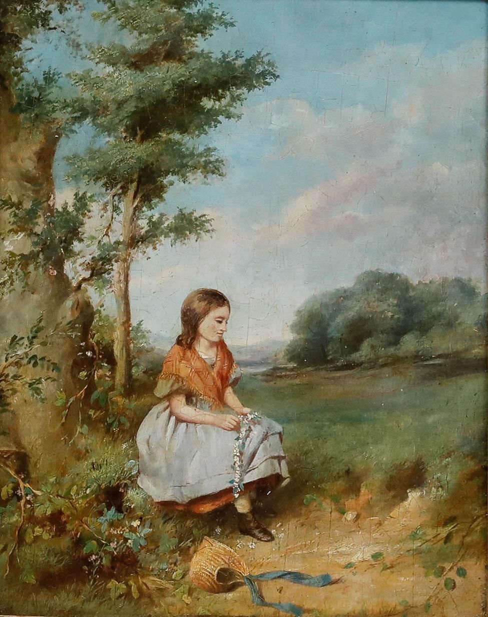 Framed Late 19th Century Oil Making Flower Garlands In The Meadow photo furniture