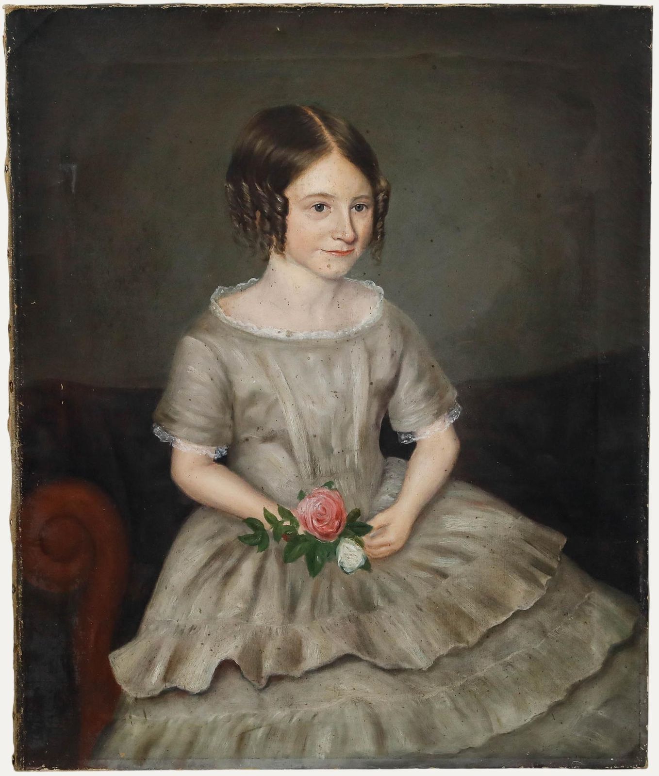 19th Century Oil Girl Holding Flowers