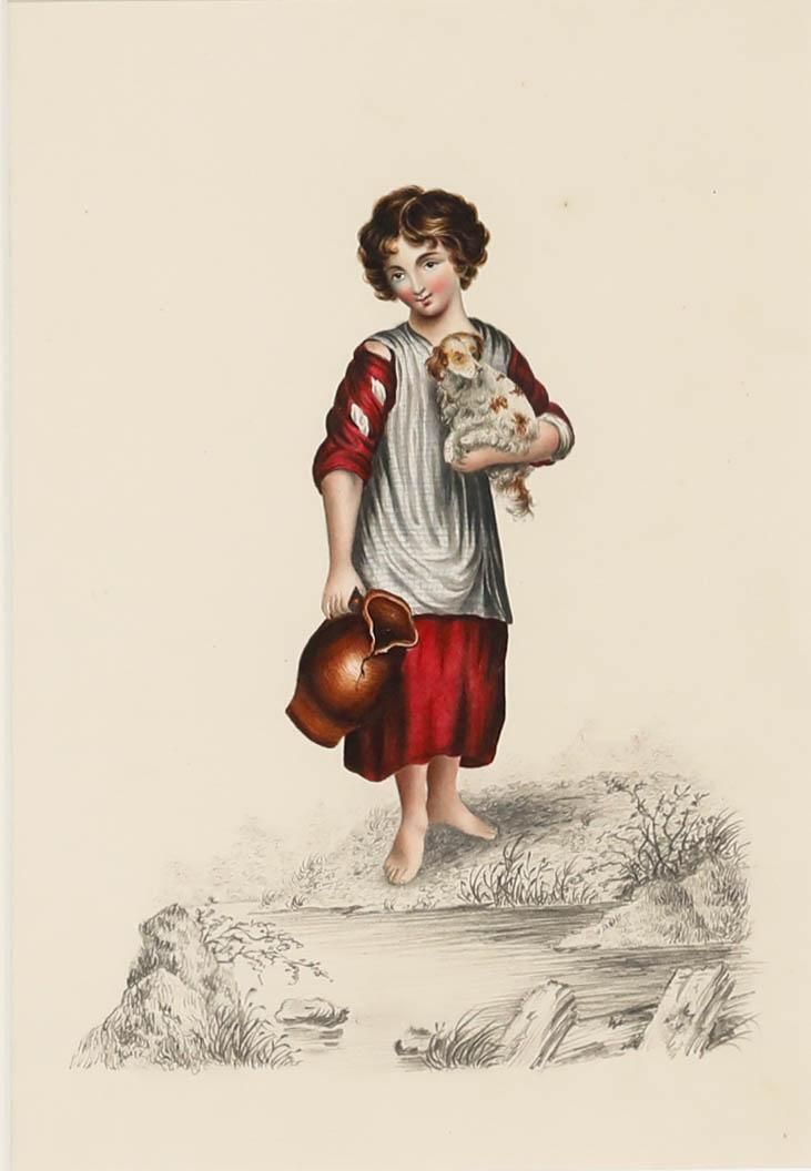 Early 19th Century Watercolour Girl With Spaniel photo furniture