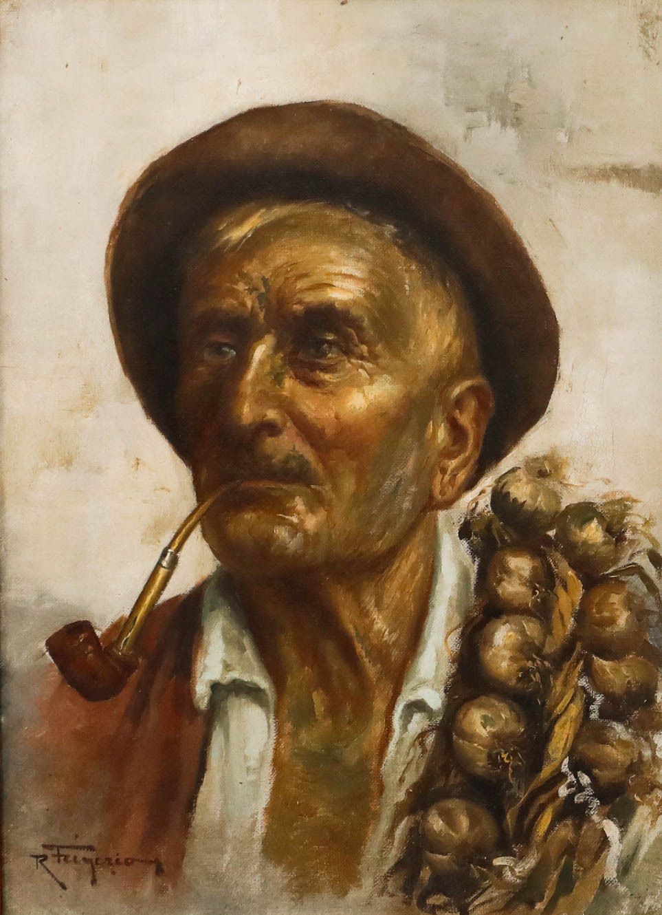 Raffaele Frigerio (1875 1948) Early 20th Century Oil, The Garlic Picker photo vinterior