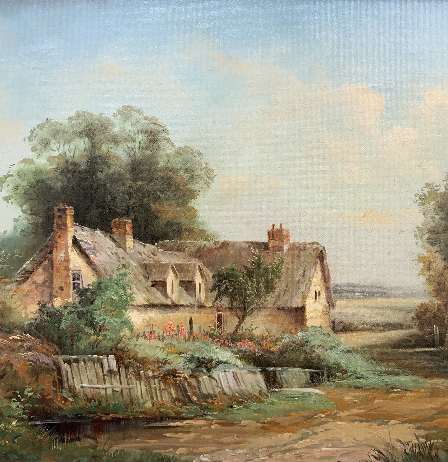 English Landscape Oil Painting Countryside Thatched Cottage Vintage 20th Century photo vinterior