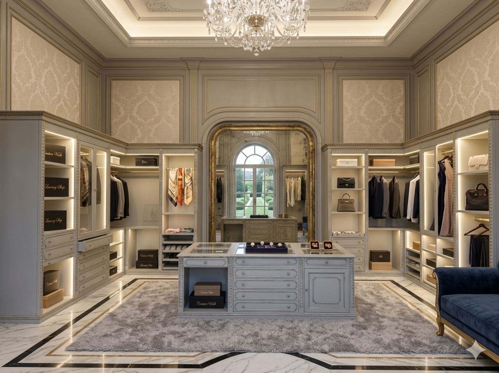 Cabina Armadio Aperta Classica In Tonalità Celeste/Grigio Perla Con Isola Centrale Multifunzione