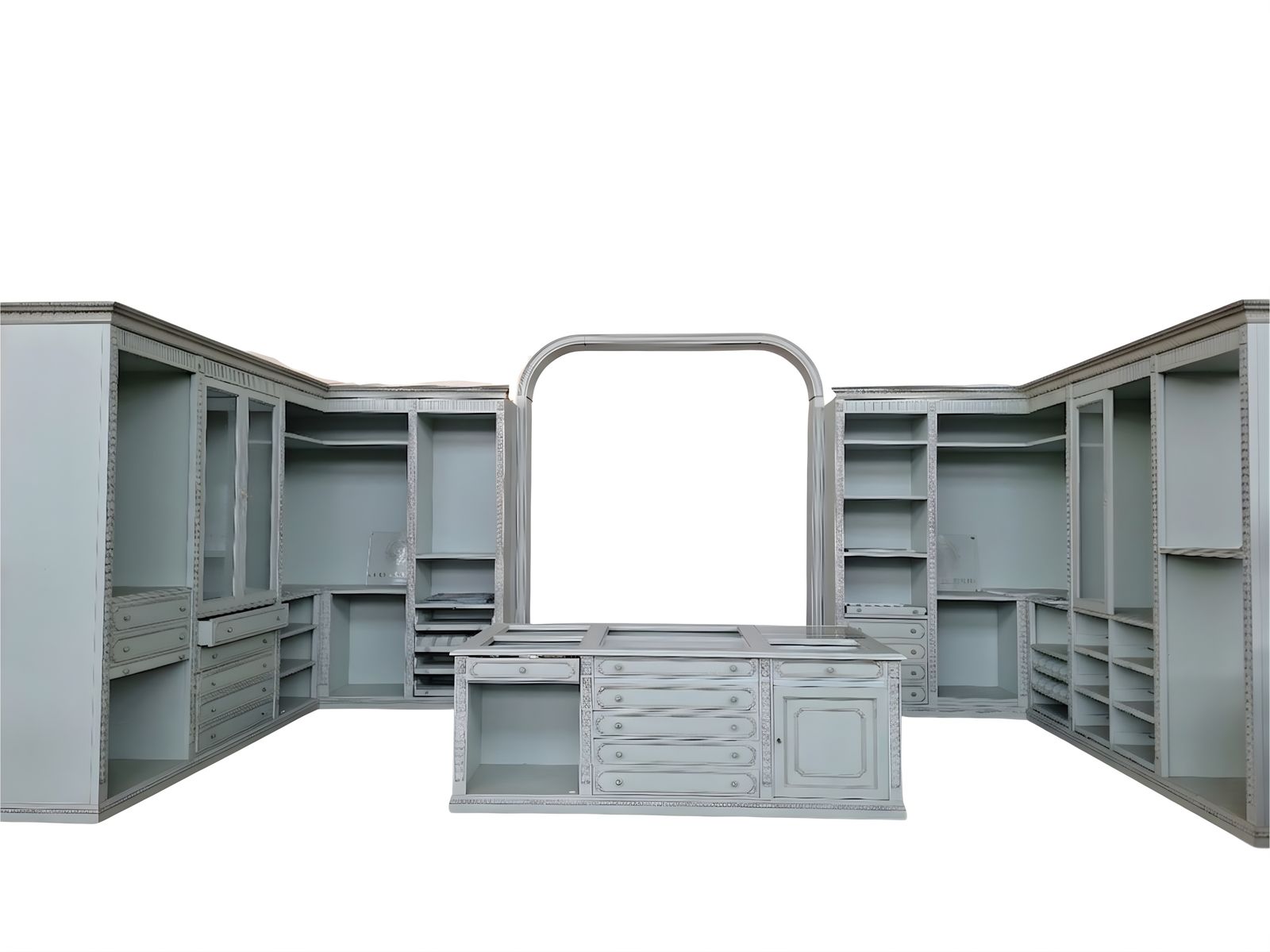 photo furniture Cabina Armadio Aperta Classica In Tonalità Celeste/Grigio Perla Con Isola Centrale Multifunzione