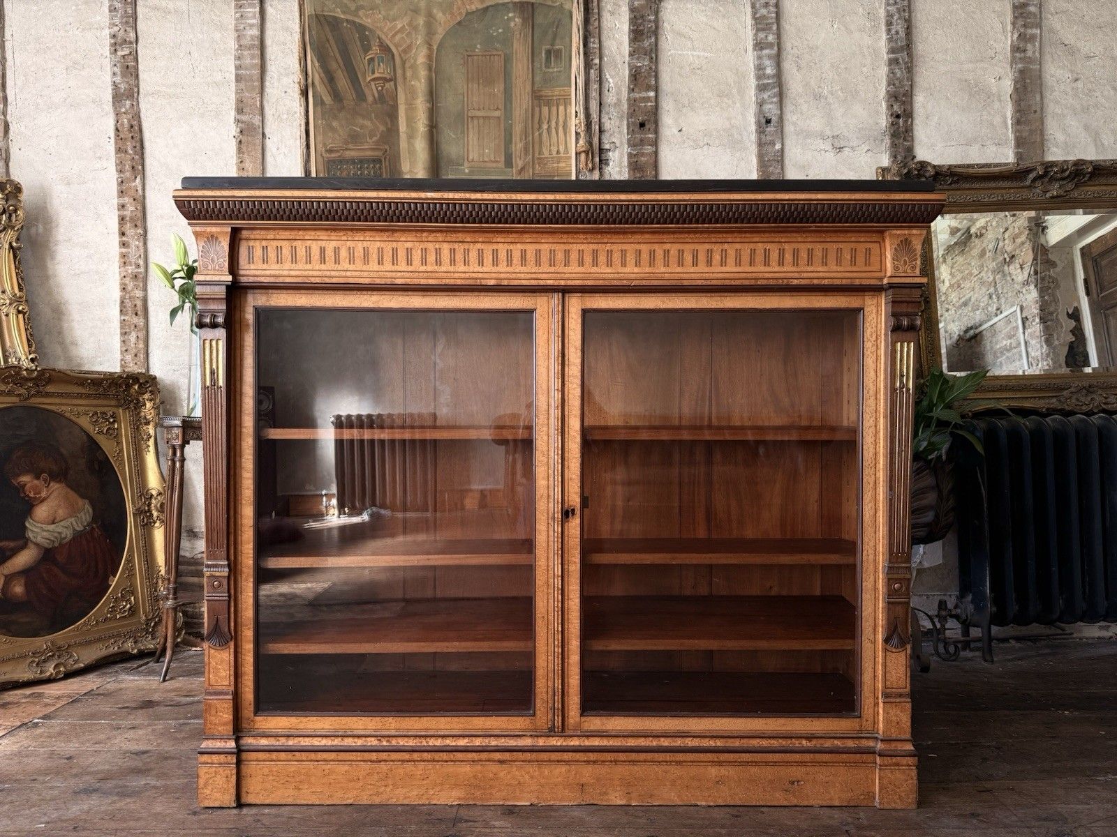 photo vinterior Lamb Of Manchester Burr Walnut Antique Display Cabinet Sideboard Granite Top