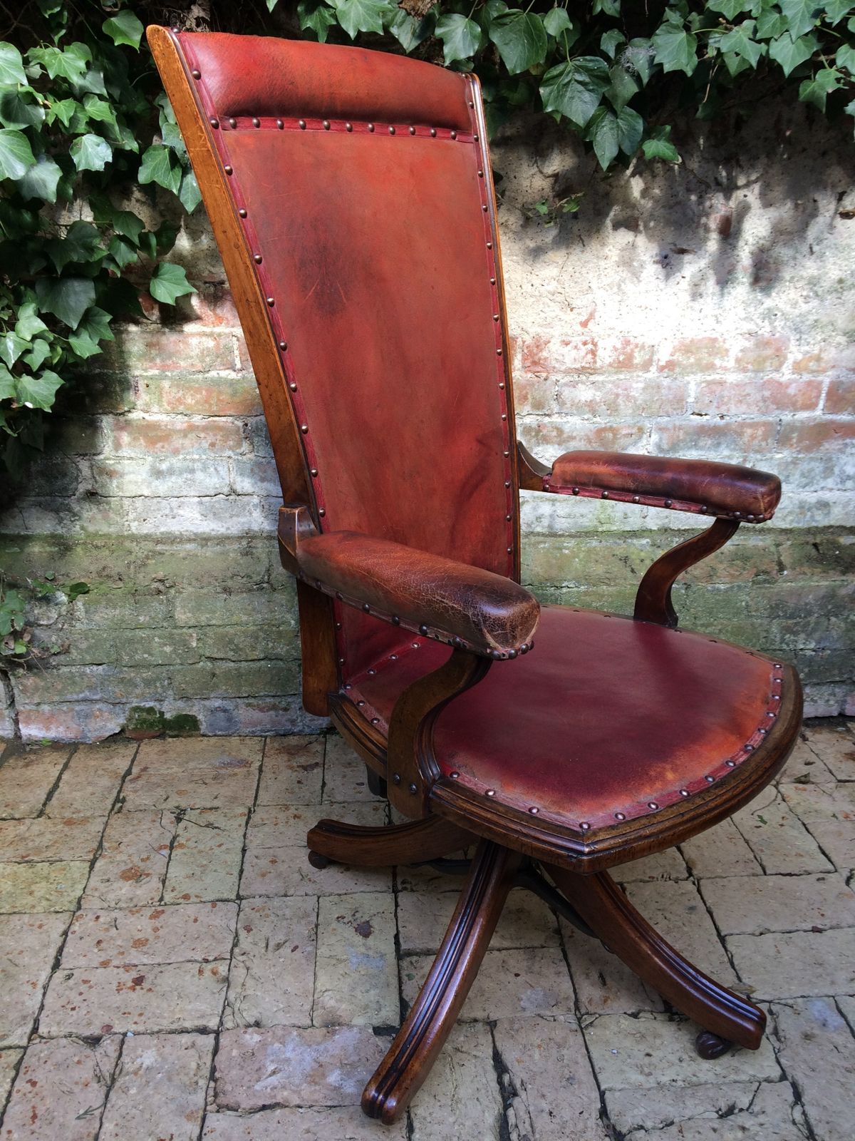 Edwardian Walnut  And Leather Desk Chair By W Angus And Co London.