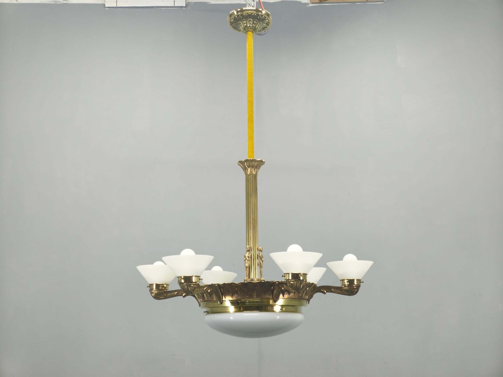 Art Deco Brass Chandelier With Glass Shades, Czechoslovakia, 1930s photo furniture