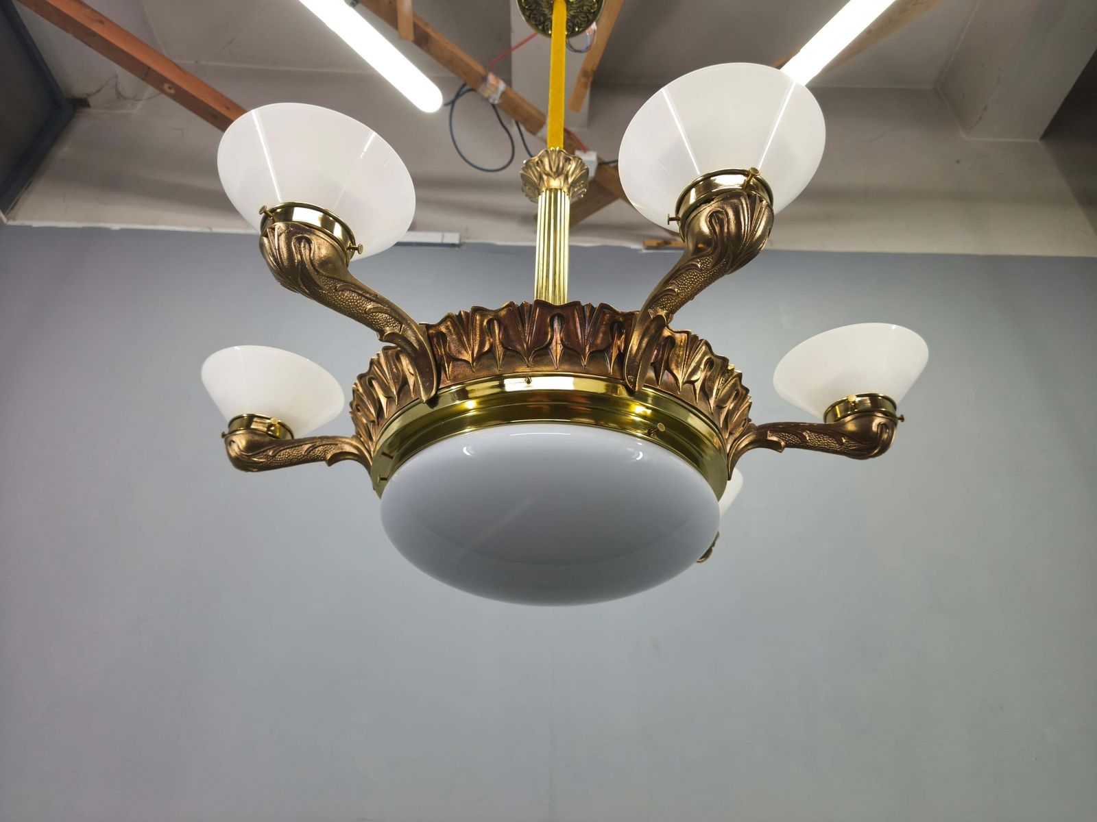 Art Deco Brass Chandelier With Glass Shades, Czechoslovakia, 1930s photo 2468.0