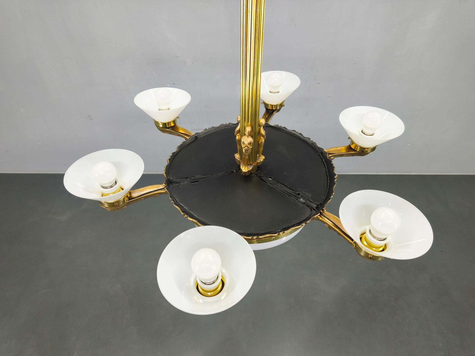 Art Deco Brass Chandelier With Glass Shades, Czechoslovakia, 1930s photo vintage