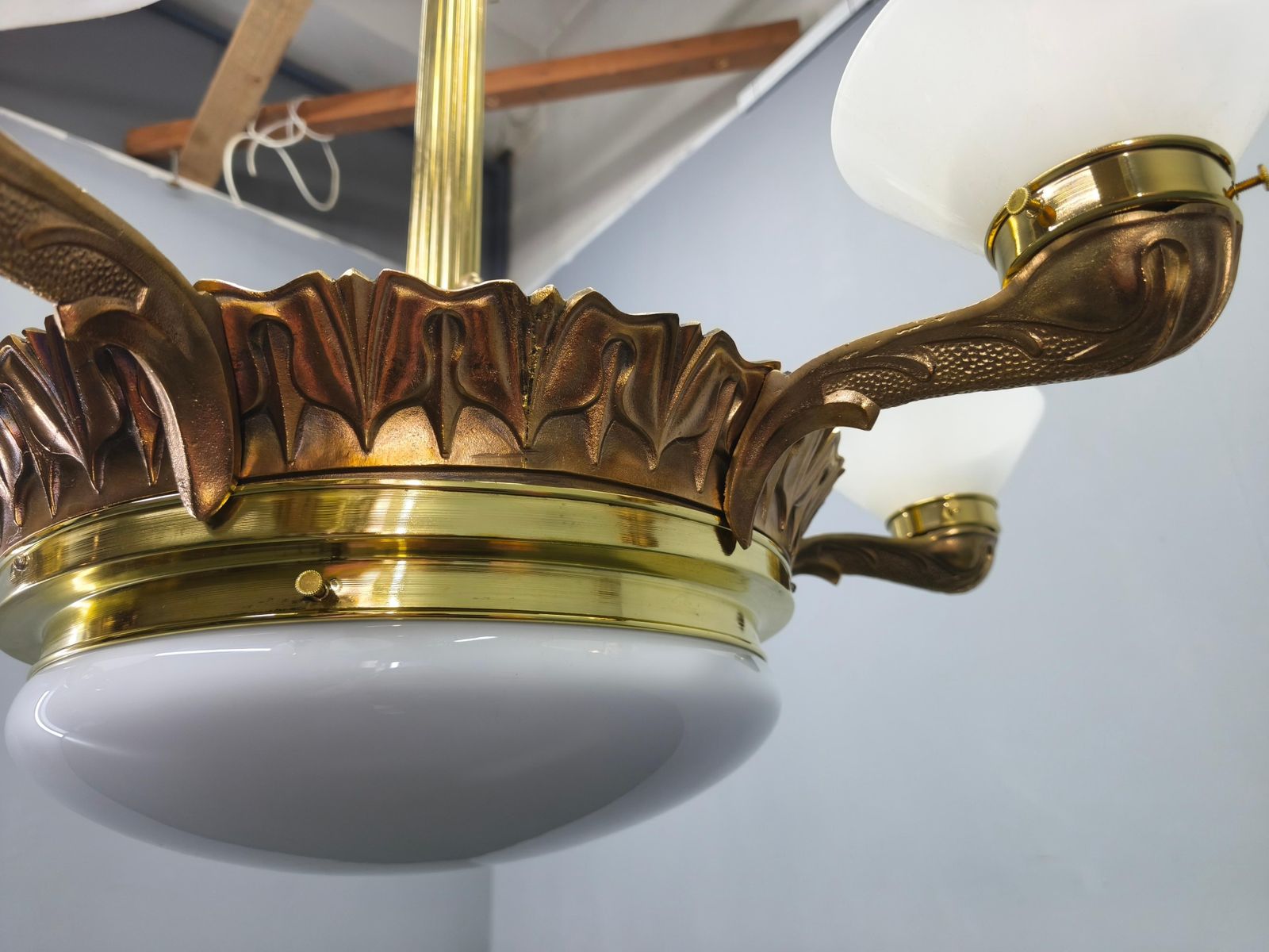 photo vinterior Art Deco Brass Chandelier With Glass Shades, Czechoslovakia, 1930s