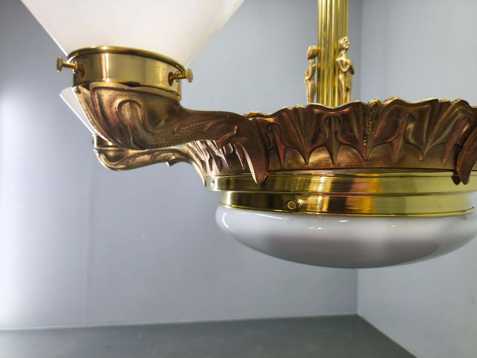 photo buy Art Deco Brass Chandelier With Glass Shades, Czechoslovakia, 1930s