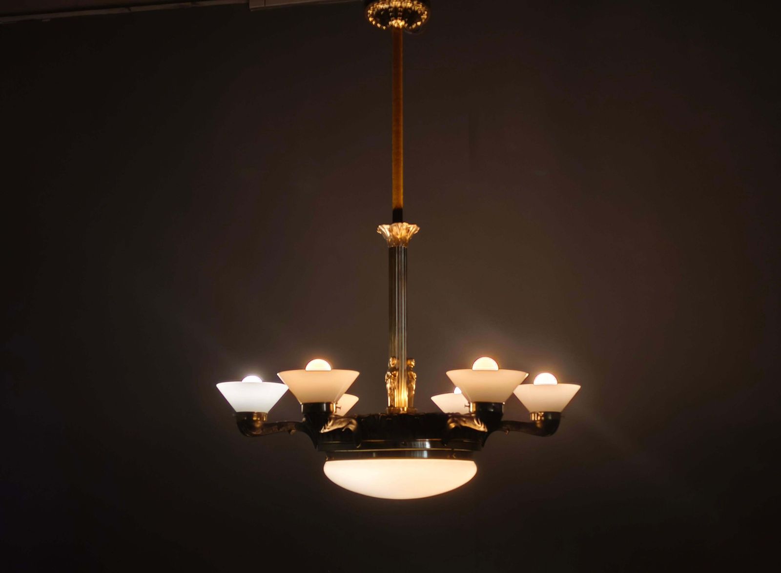 photo vintage Art Deco Brass Chandelier With Glass Shades, Czechoslovakia, 1930s