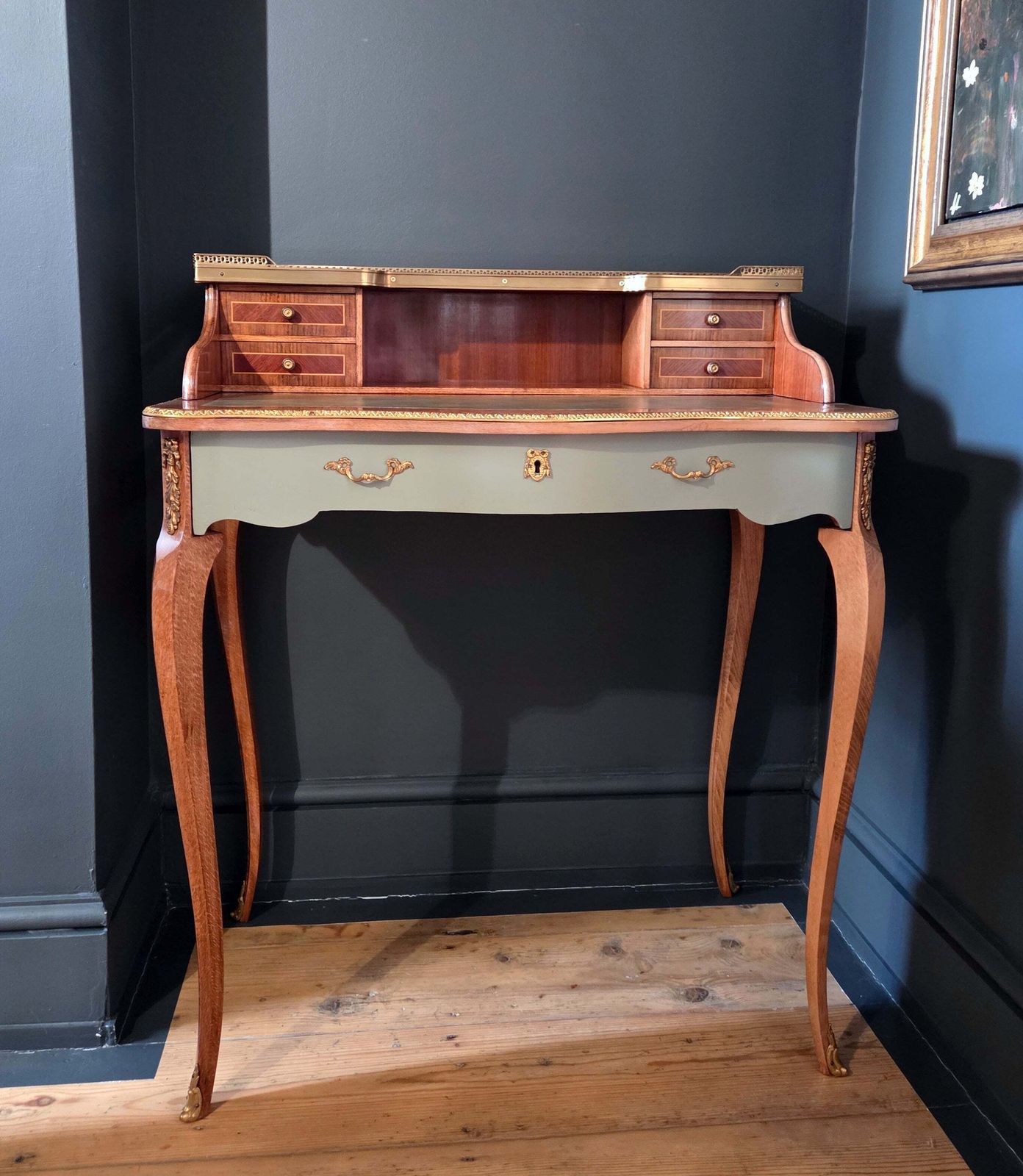 Vintage Writing Desk Ladies' Secretary Louis XV Style, Brass Detail, Green Leather Top