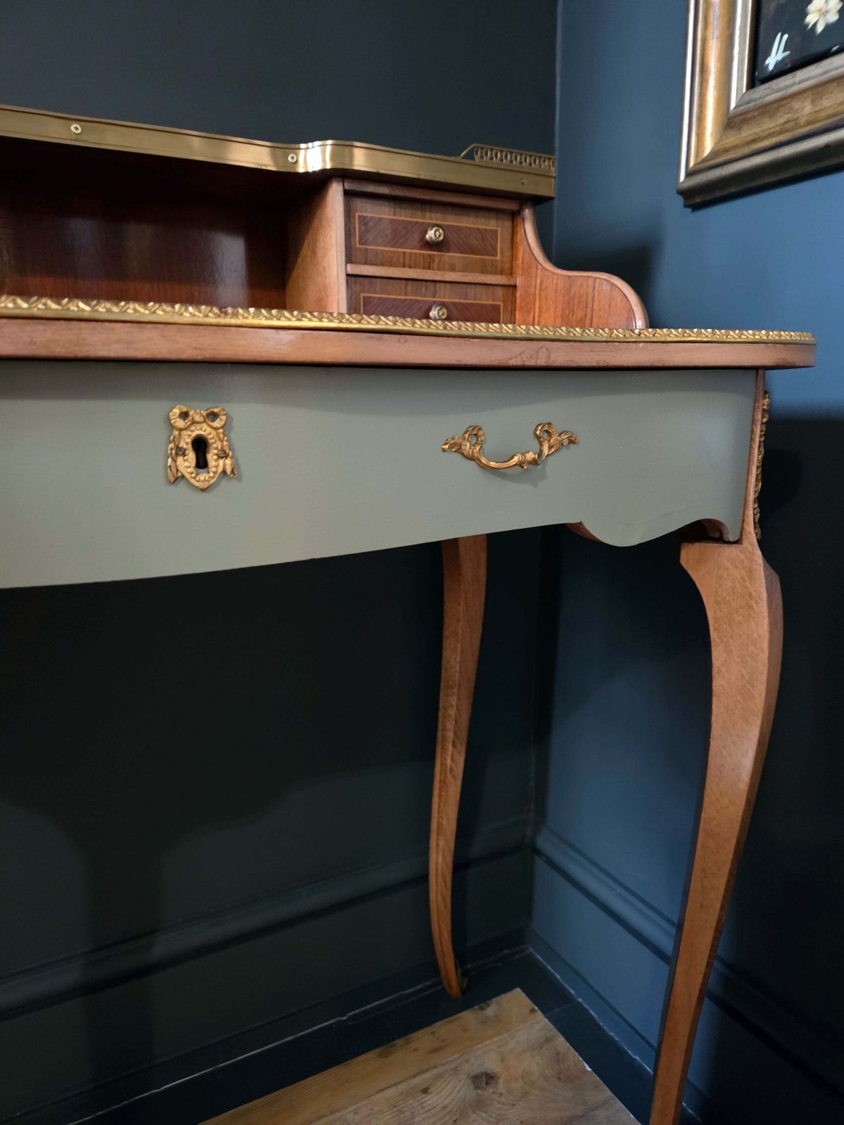 Vintage Writing Desk Ladies' Secretary Louis XV Style, Brass Detail, Green Leather Top photo vinterior