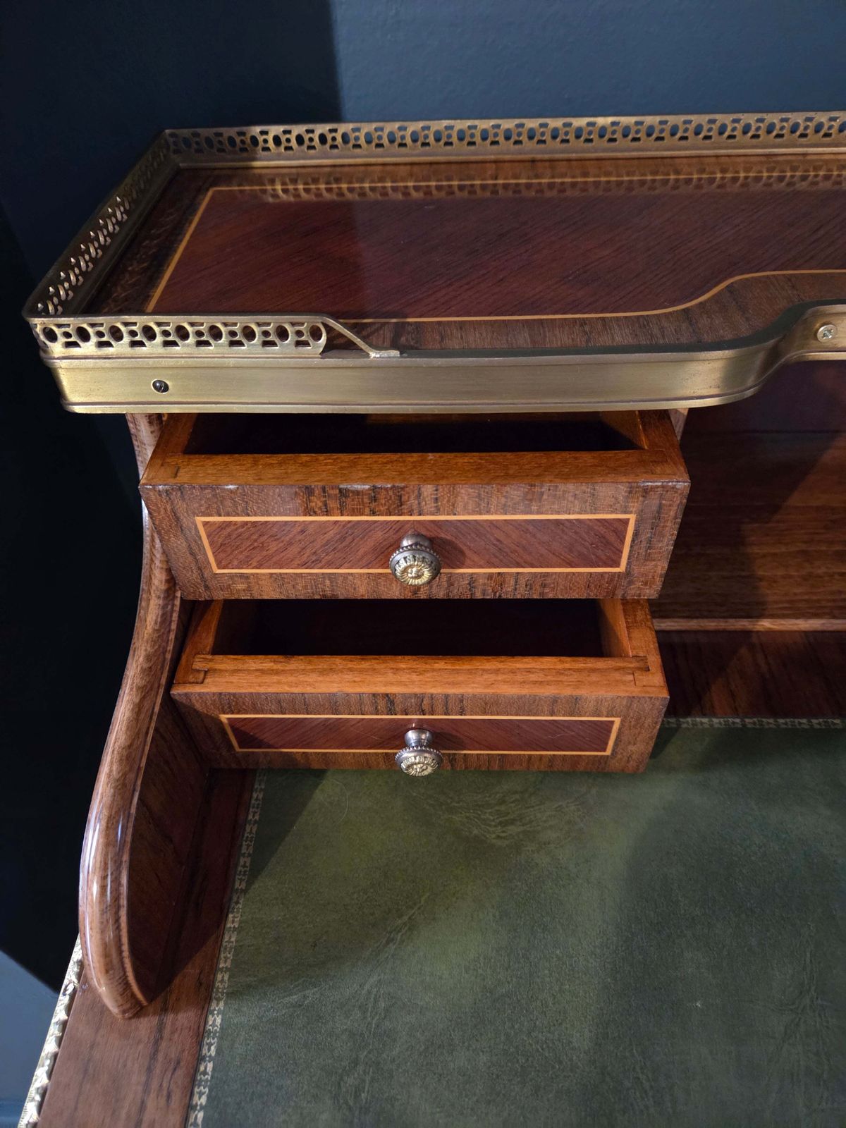 595.0 Vintage Writing Desk Ladies' Secretary Louis XV Style, Brass Detail, Green Leather Top photo
