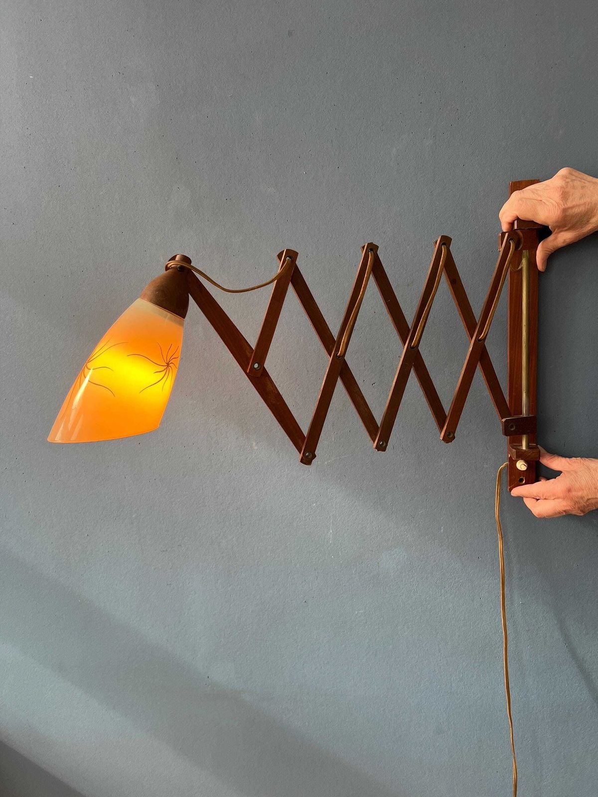 Mid Century Teakhouten Deense Wandlamp Met Glazen Kap photo for sale