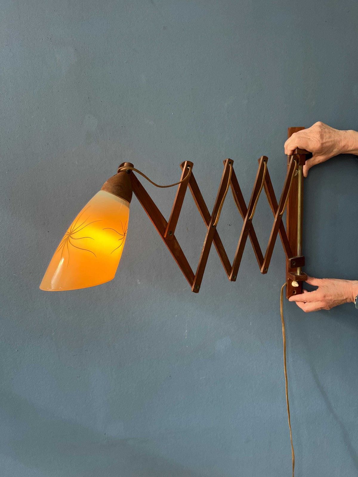 Mid Century Teakhouten Deense Wandlamp Met Glazen Kap photo Verlichting
